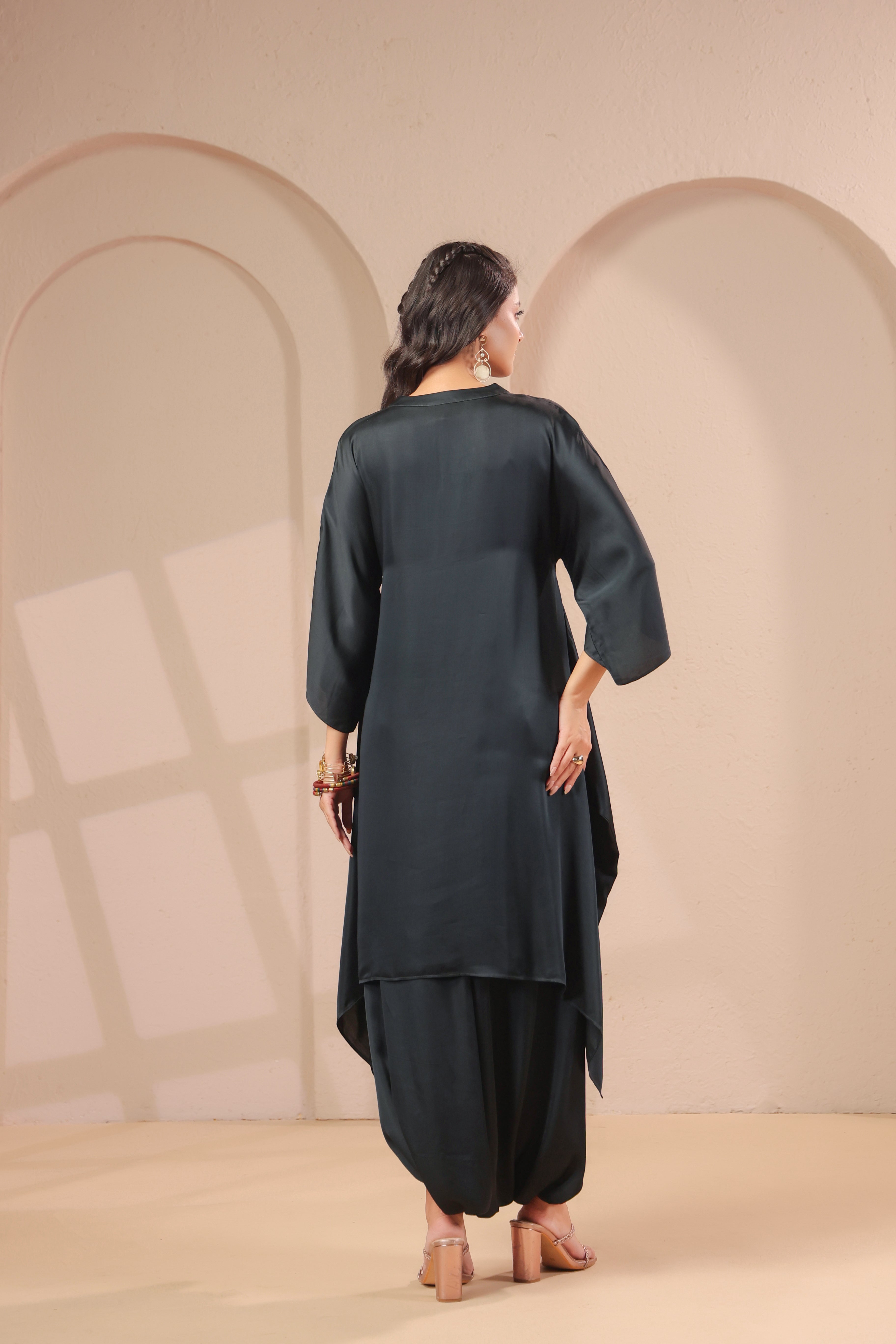 Charcoal Floral Embellished Modal Silk Dhoti Set