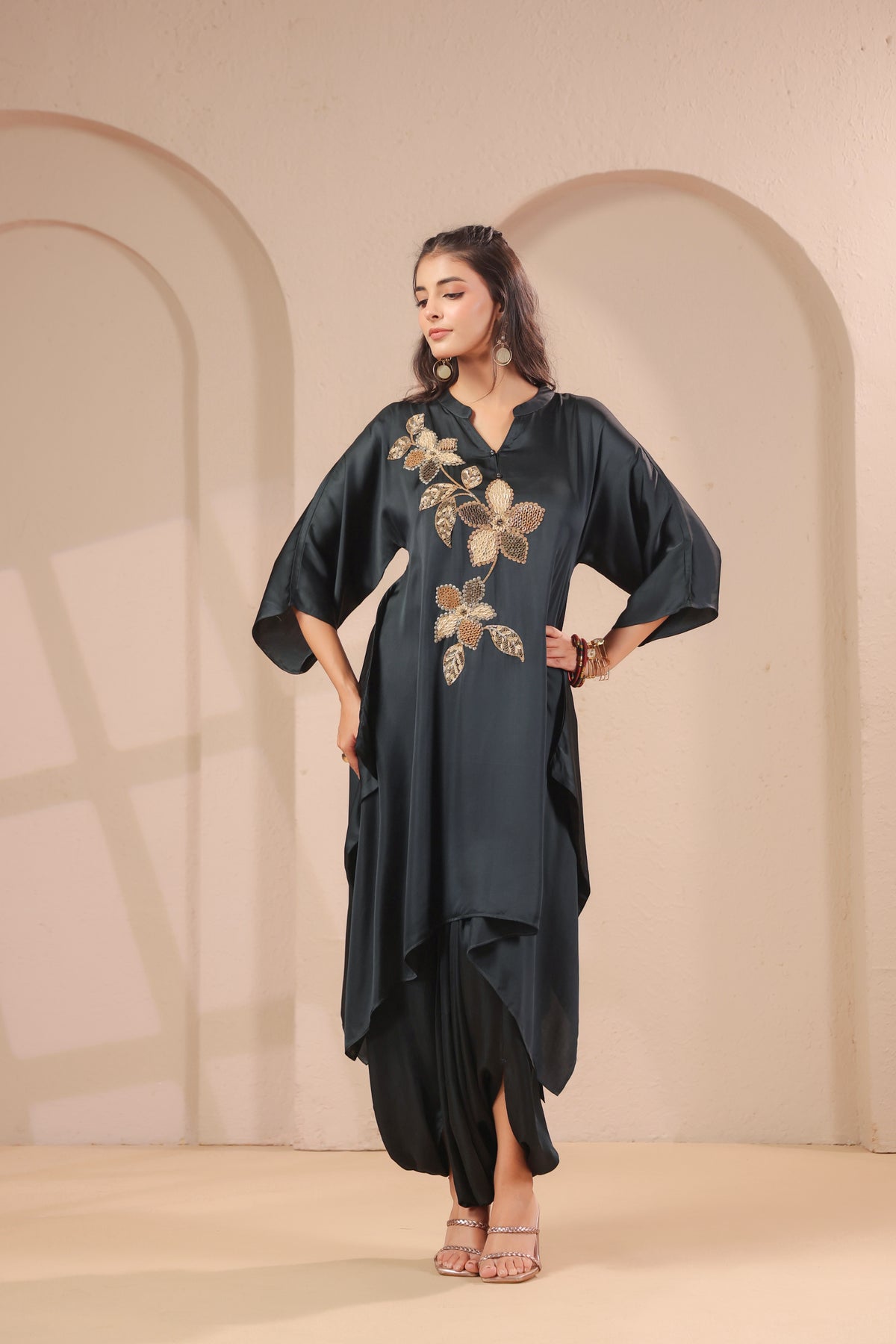 Charcoal Floral Embellished Modal Silk Dhoti Set