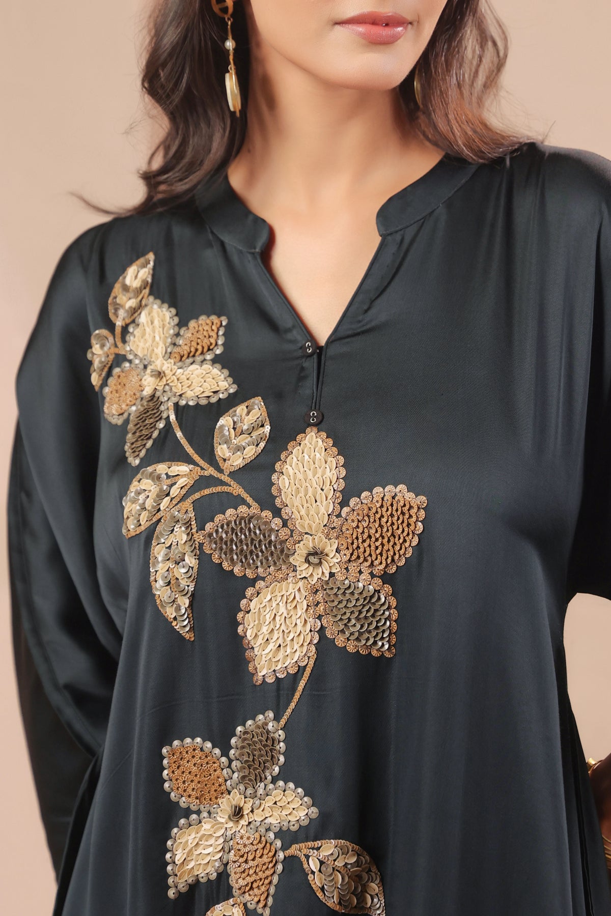 Charcoal Floral Embellished Modal Silk Dhoti Set