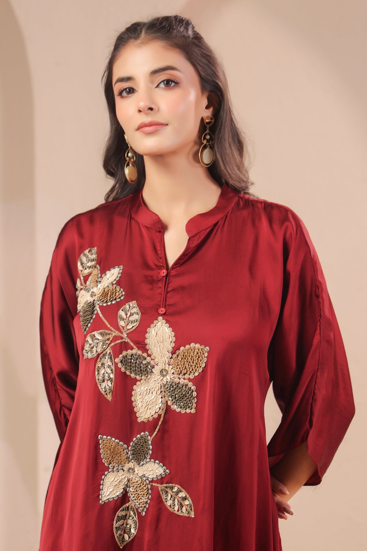 Burgundy Floral Embellished Modal Silk Dhoti Set