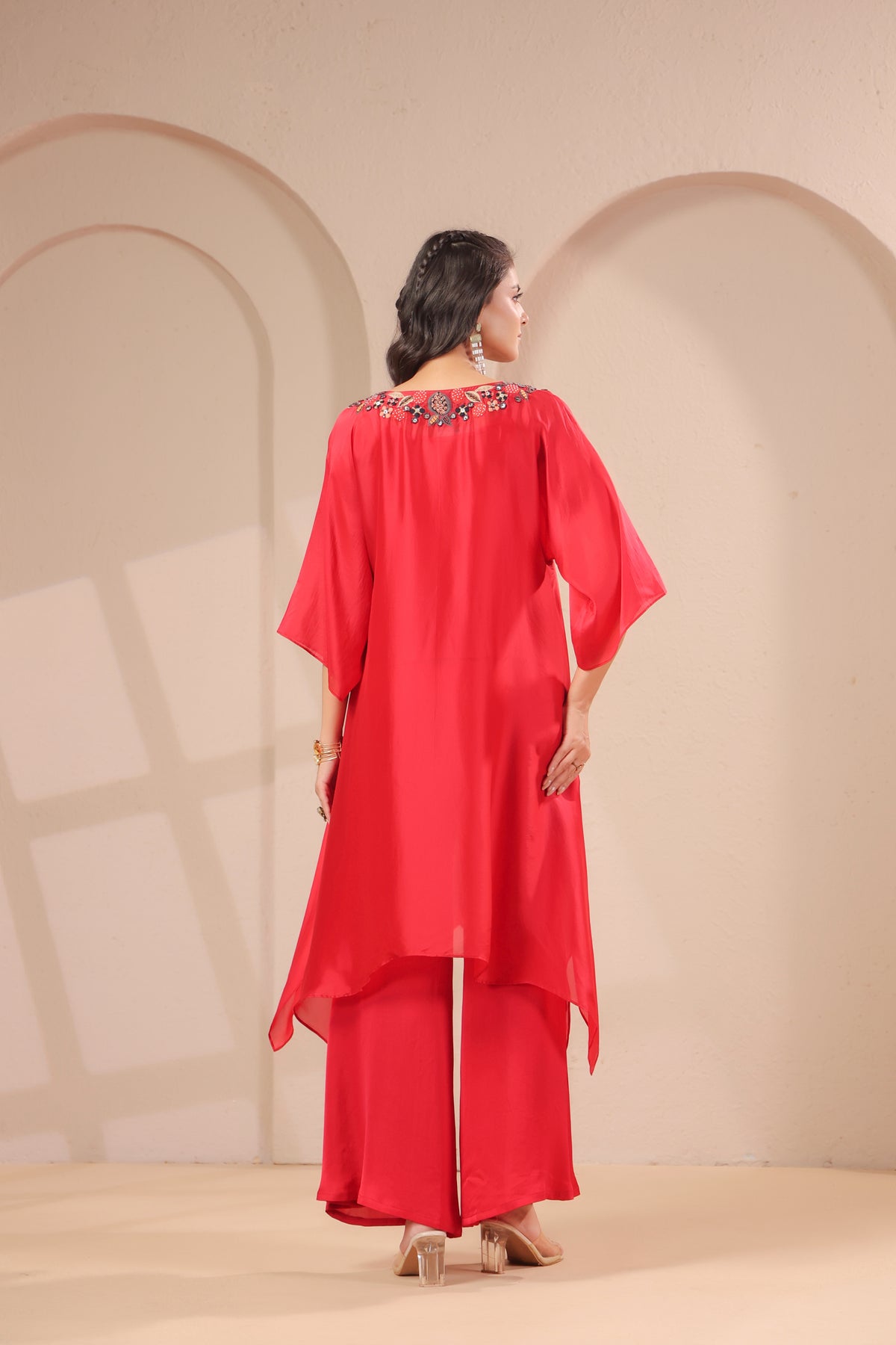 Crimson Red Embellished Crepe Silk Palazzo Set