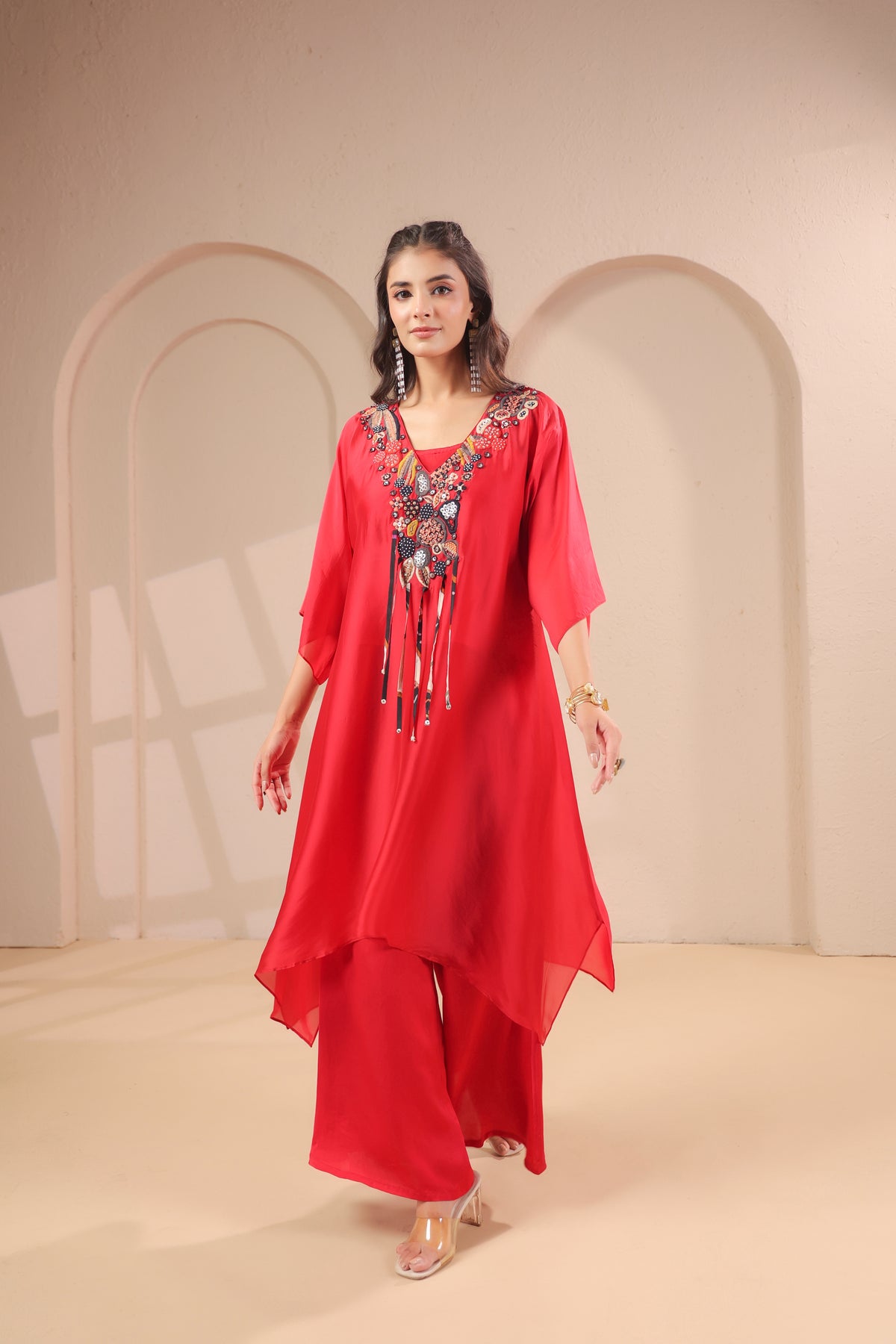 Crimson Red Embellished Crepe Silk Palazzo Set