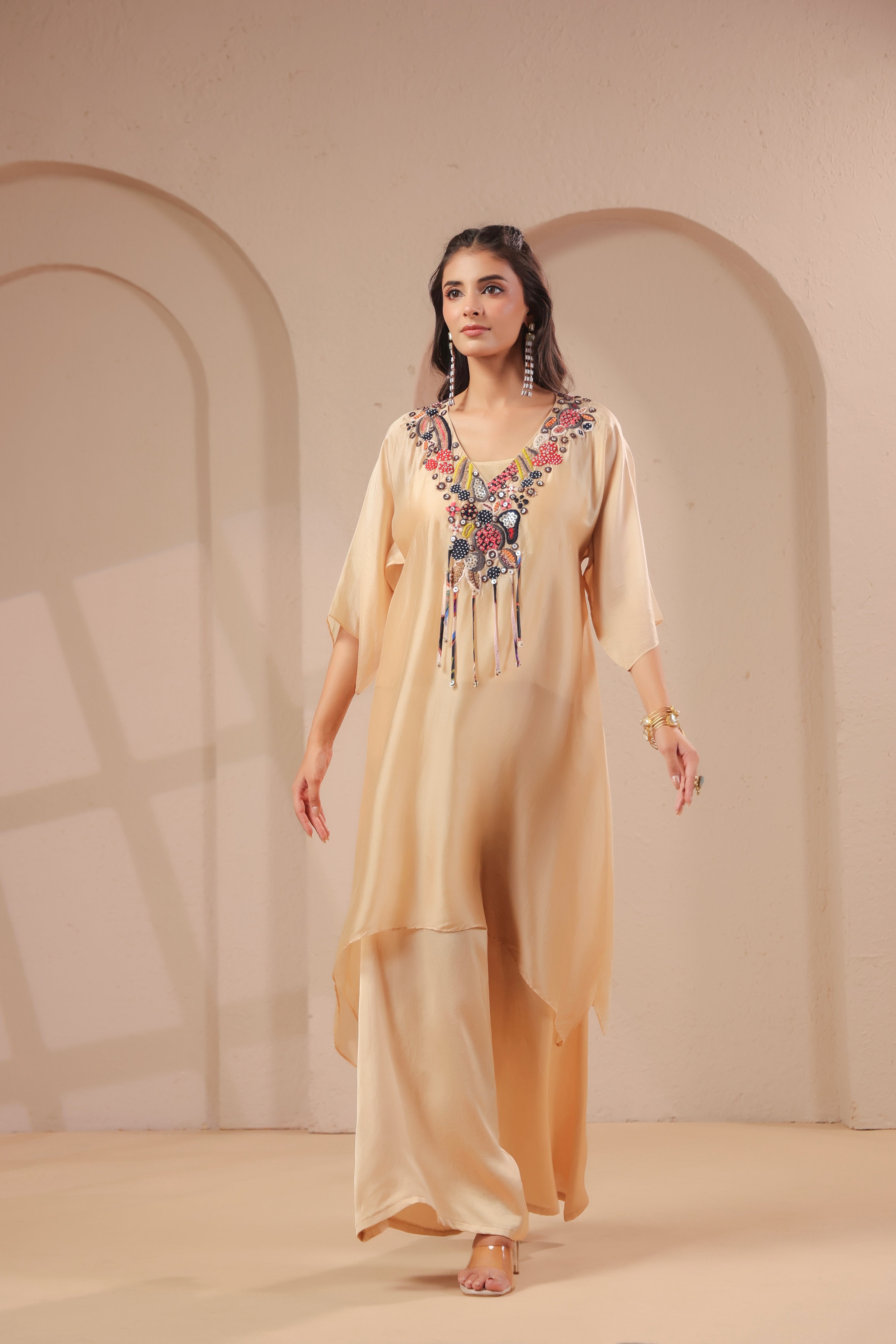 Soft Beige Embellished Crepe Silk Palazzo Set