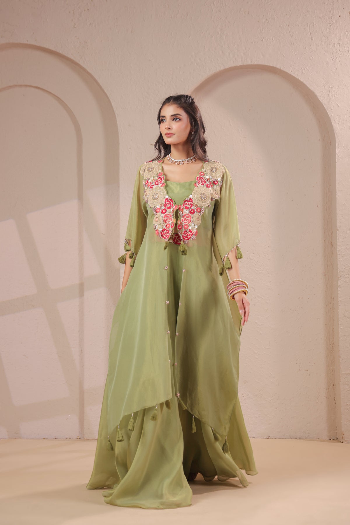 Sage Embellished Shimmer Organza Silk Palazzo Set