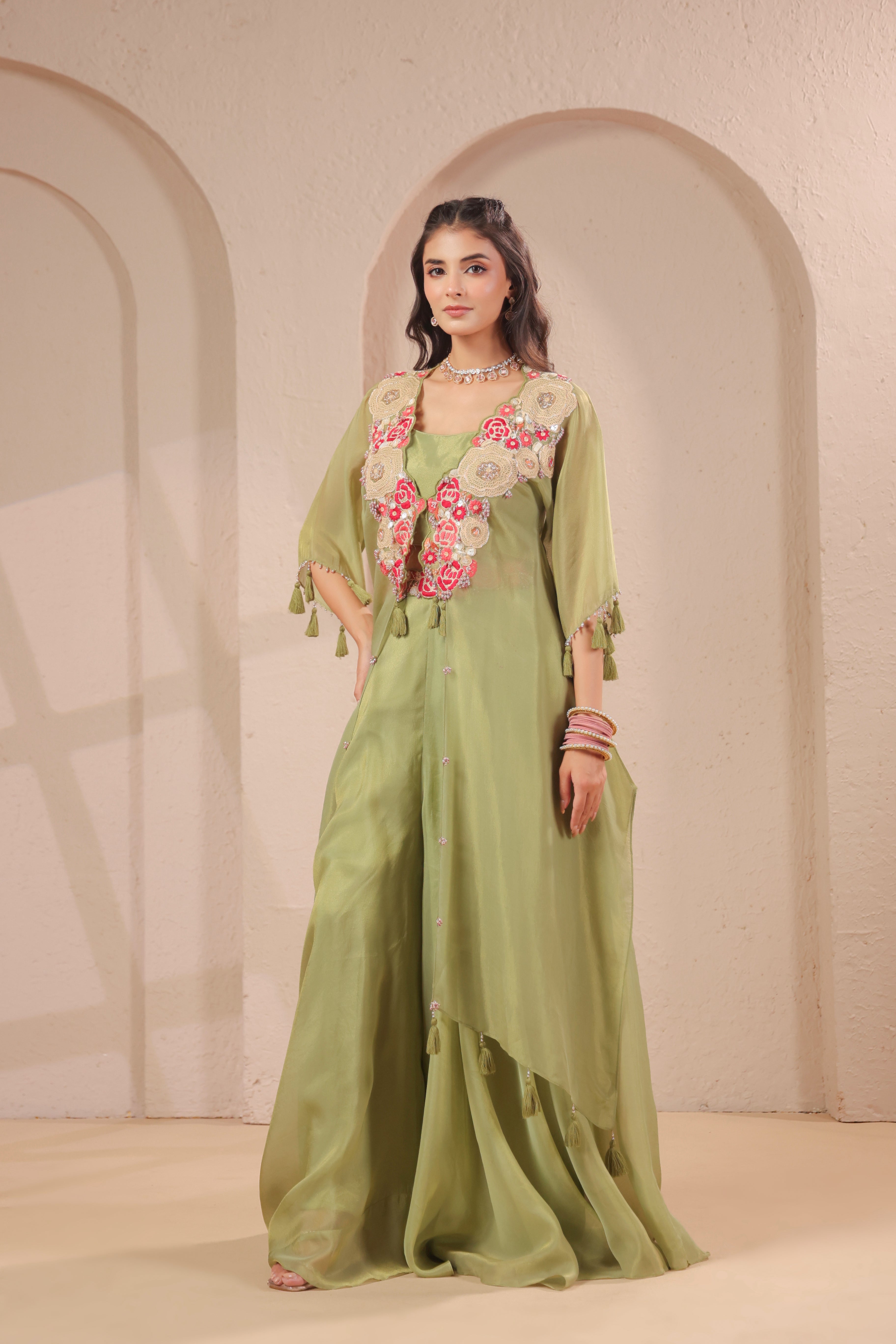 Sage Embellished Shimmer Organza Silk Palazzo Set