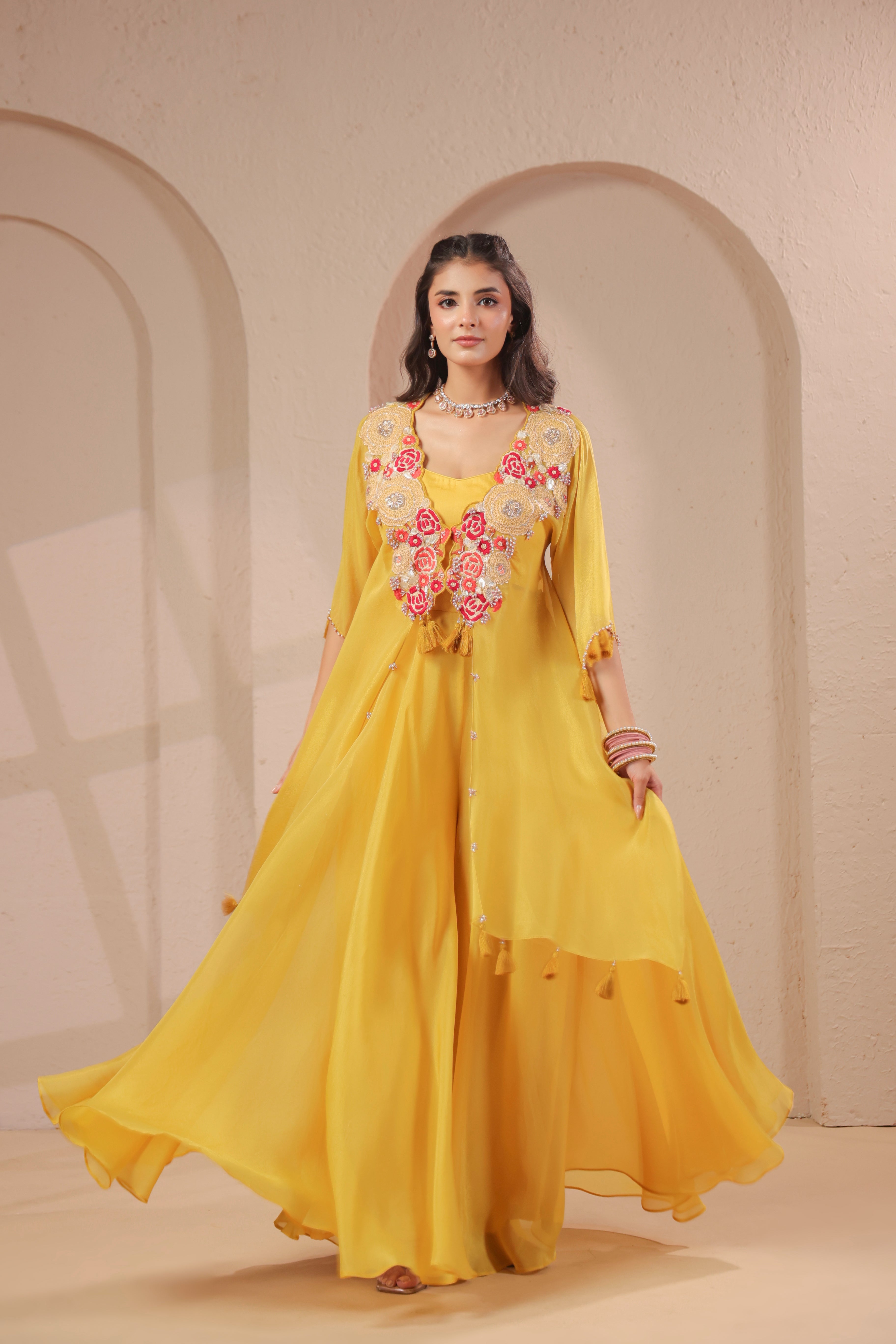 Lime Embellished Shimmer Organza Silk Palazzo Set
