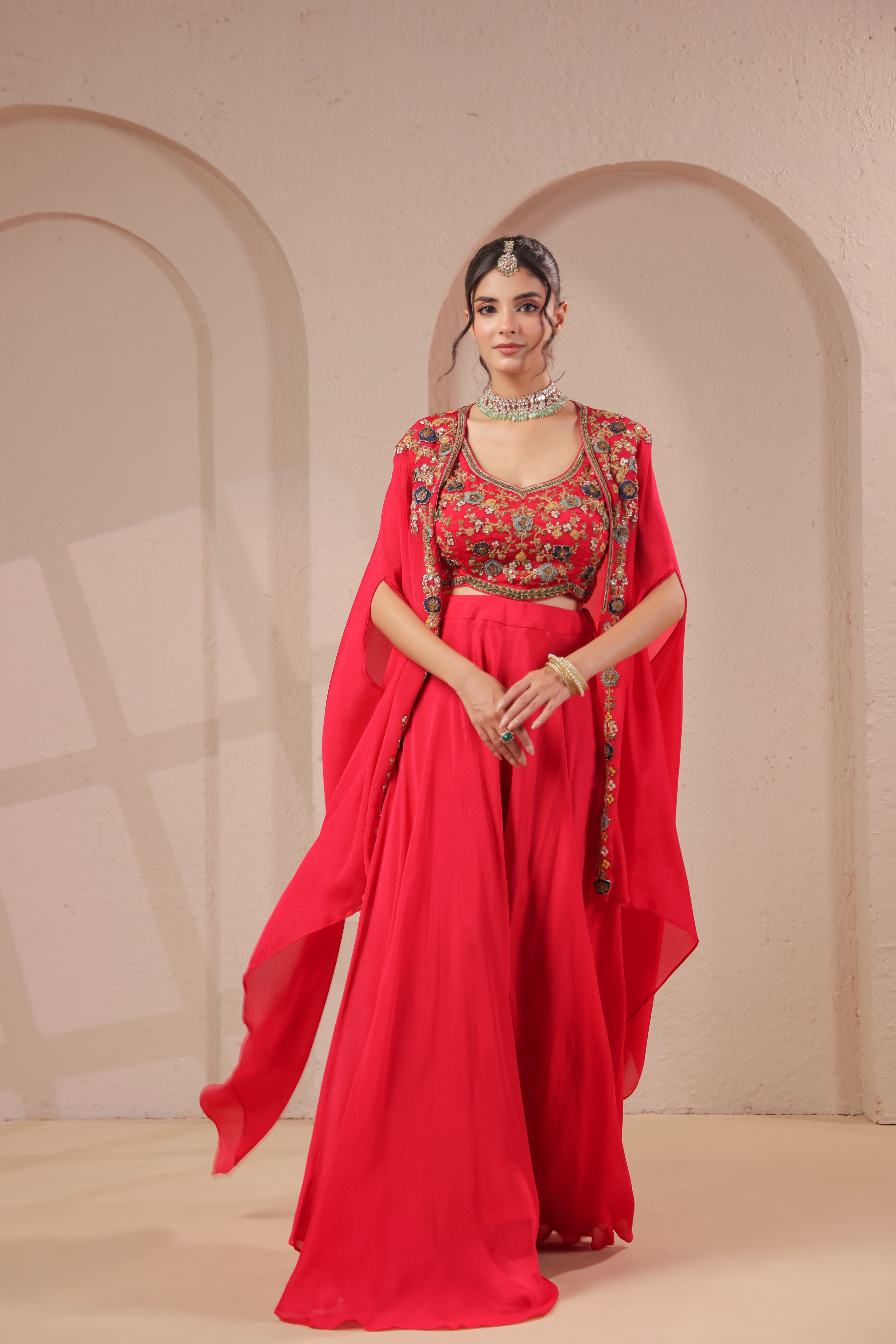 Red Cherry Embellished Chinon Silk Palazzo Set