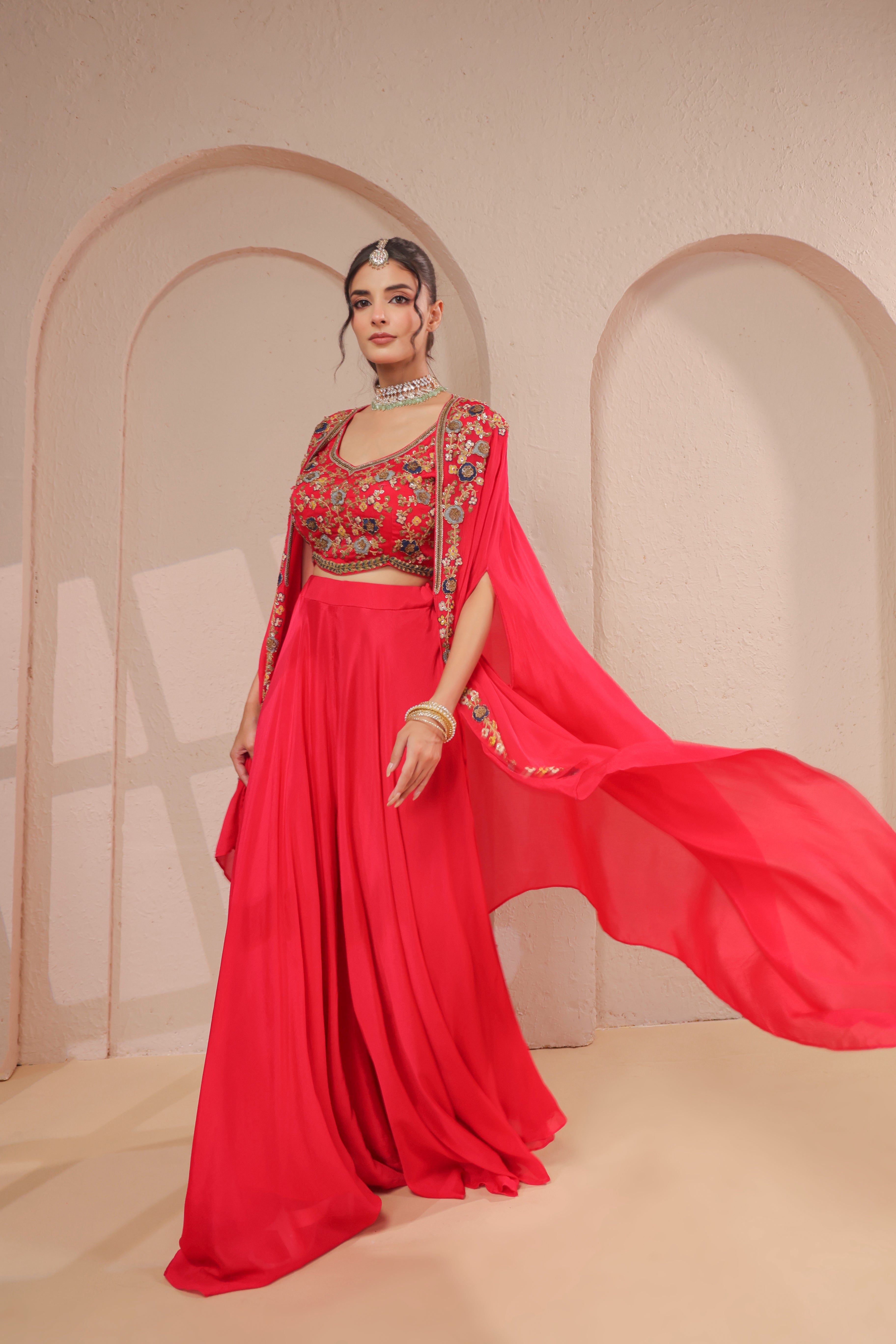 Red Cherry Embellished Chinon Silk Palazzo Set