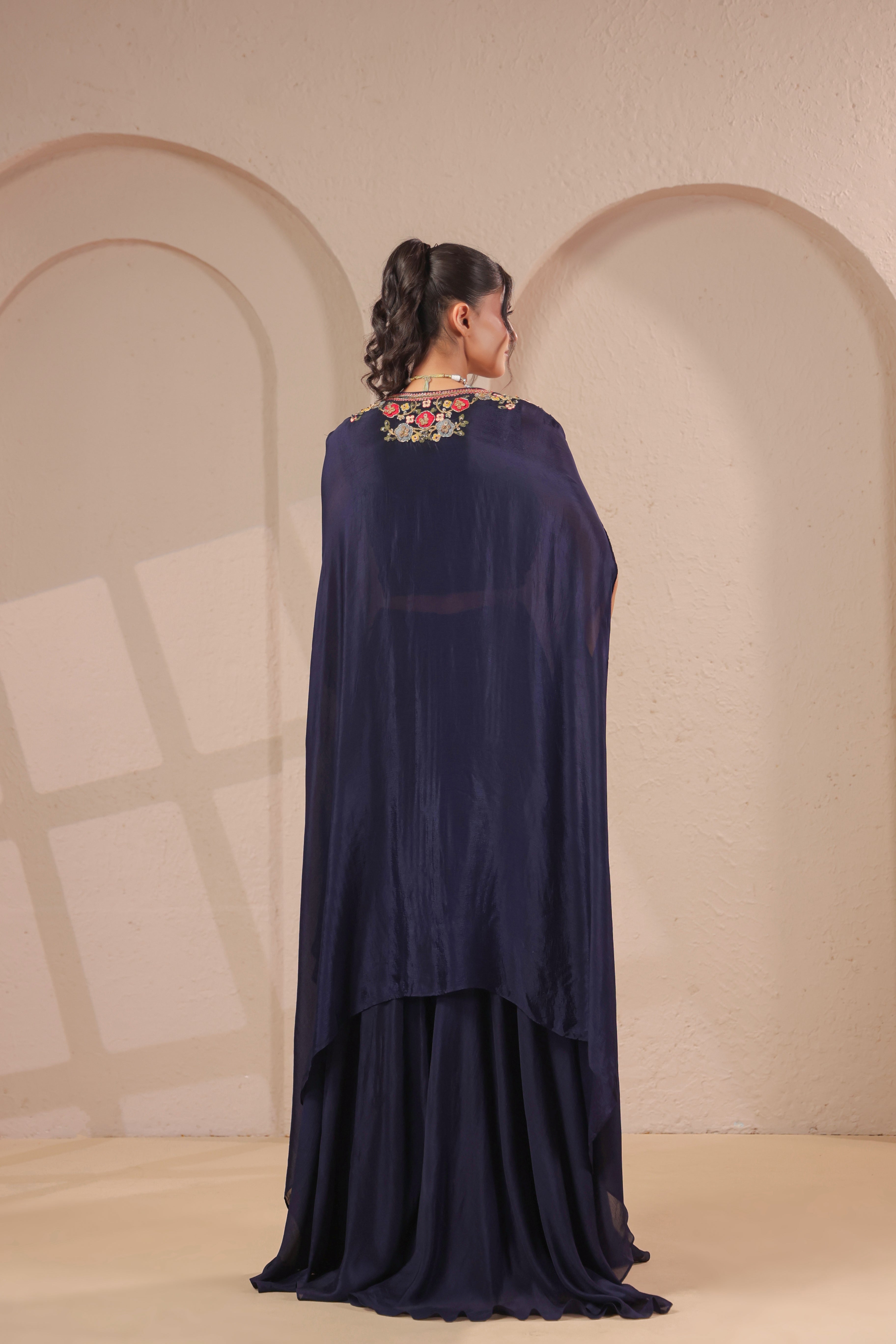 Midnight Navy Embellished Chinon Silk Palazzo Set