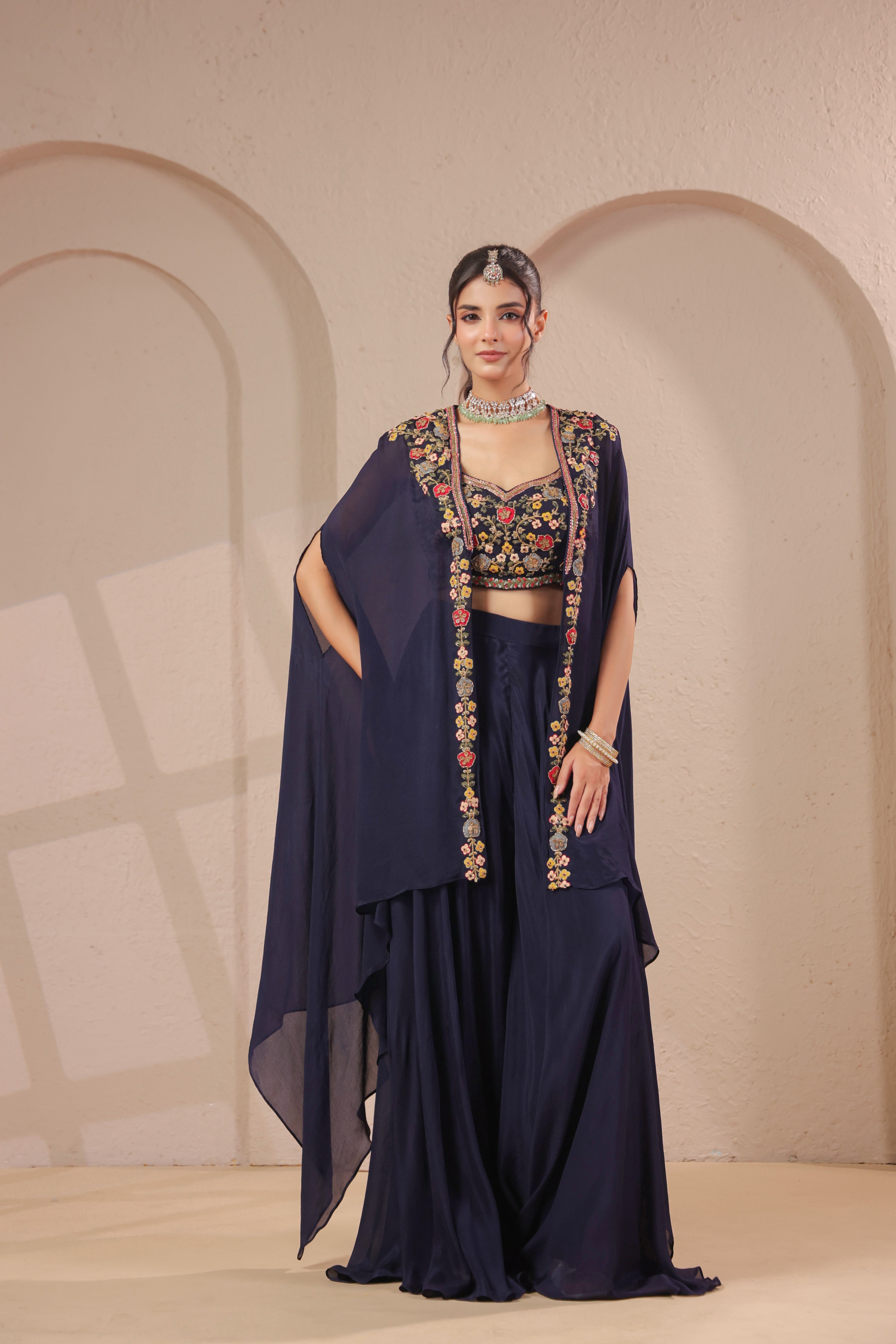 Midnight Navy Embellished Chinon Silk Palazzo Set