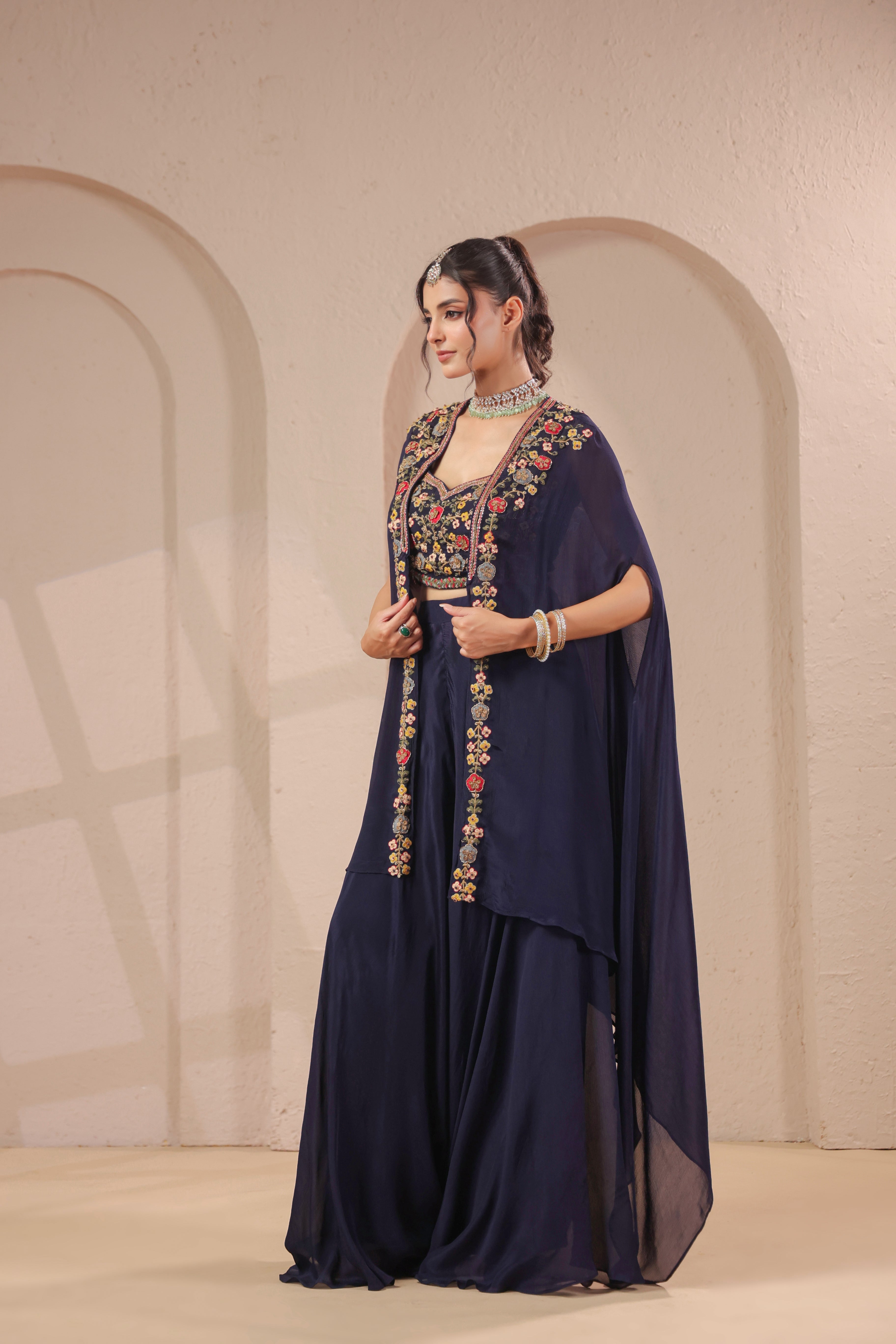 Midnight Navy Embellished Chinon Silk Palazzo Set