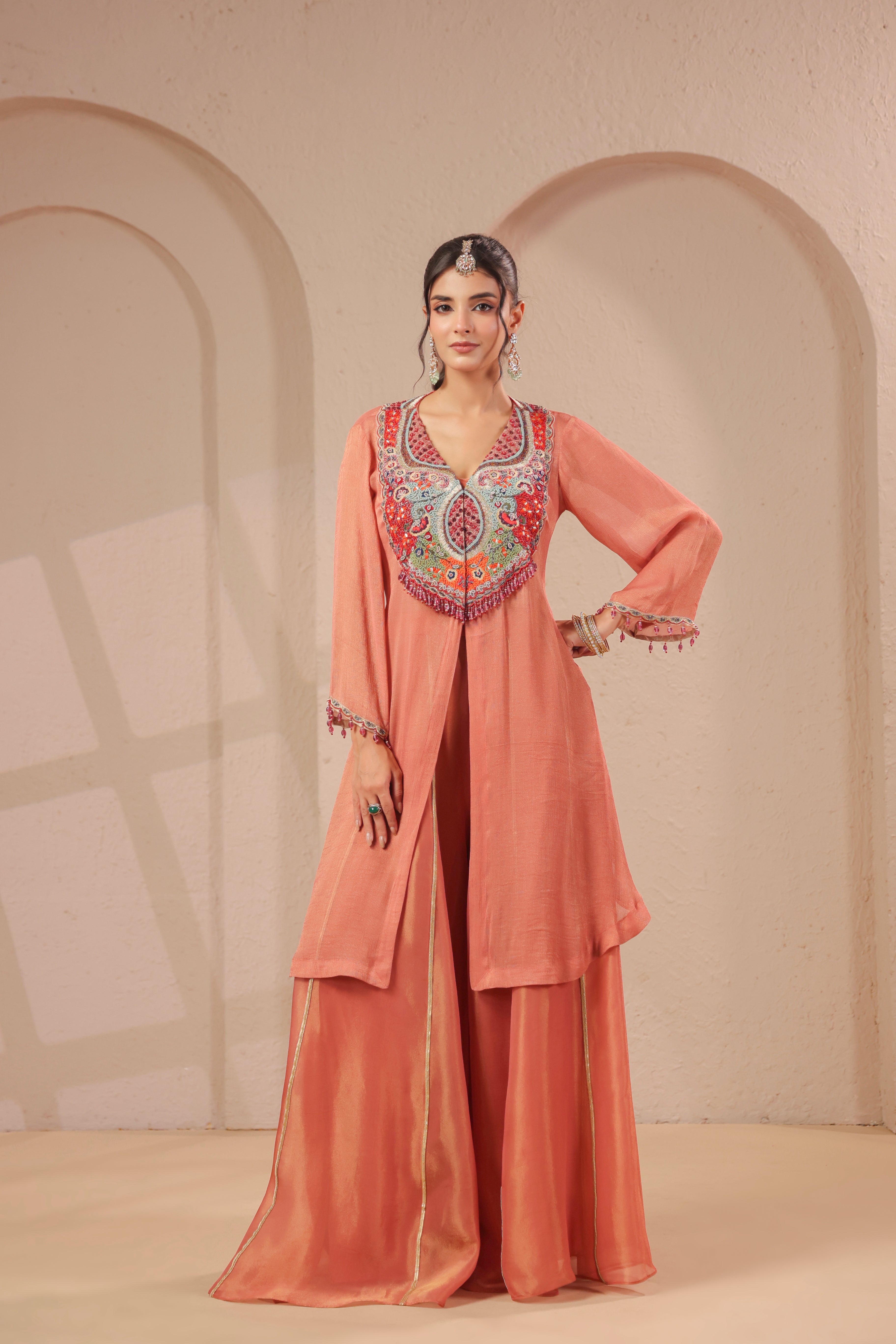 Coral Embellished Shimmer Organza Silk Palazzo Set