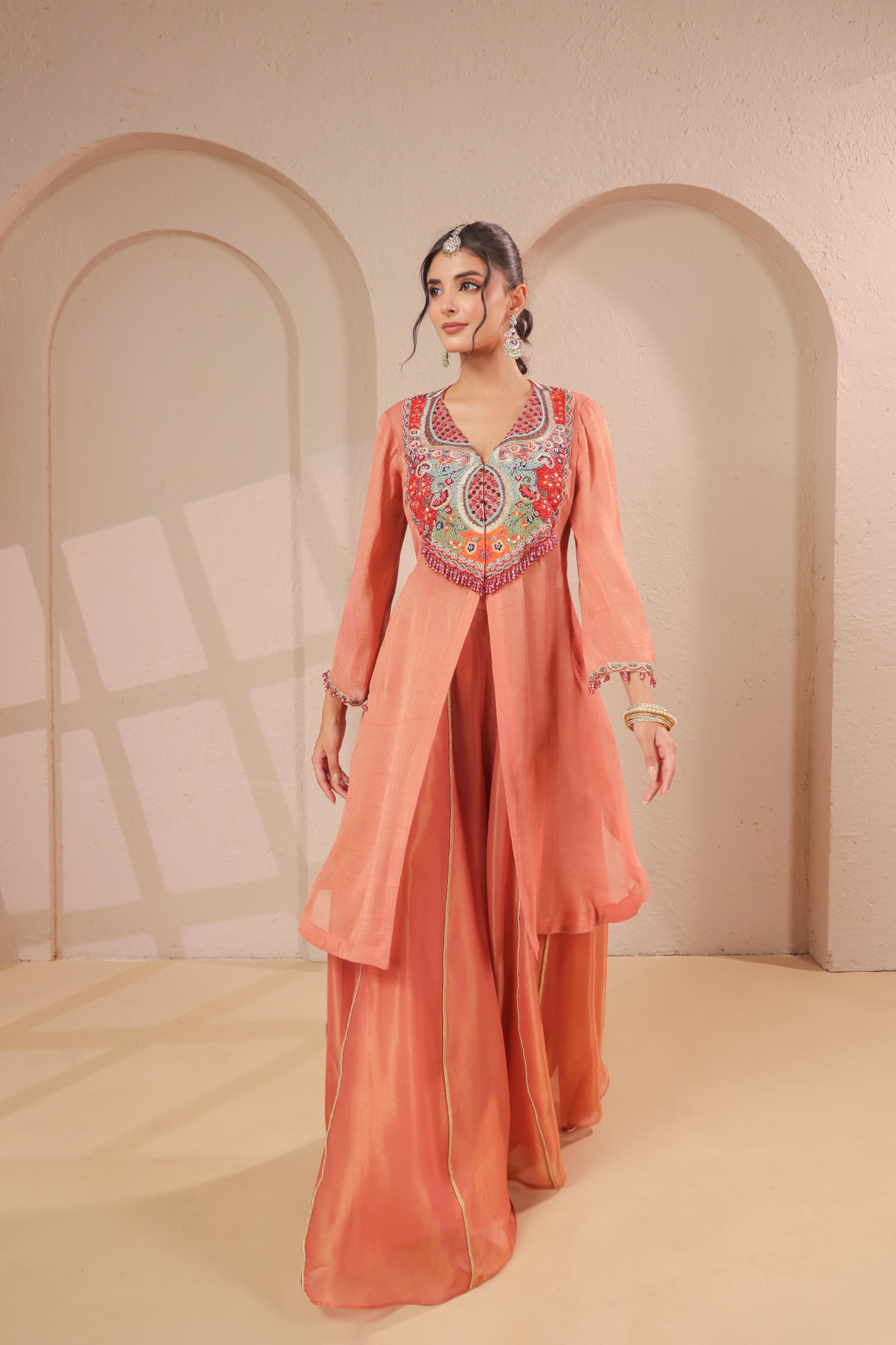 Coral Embellished Shimmer Organza Silk Palazzo Set