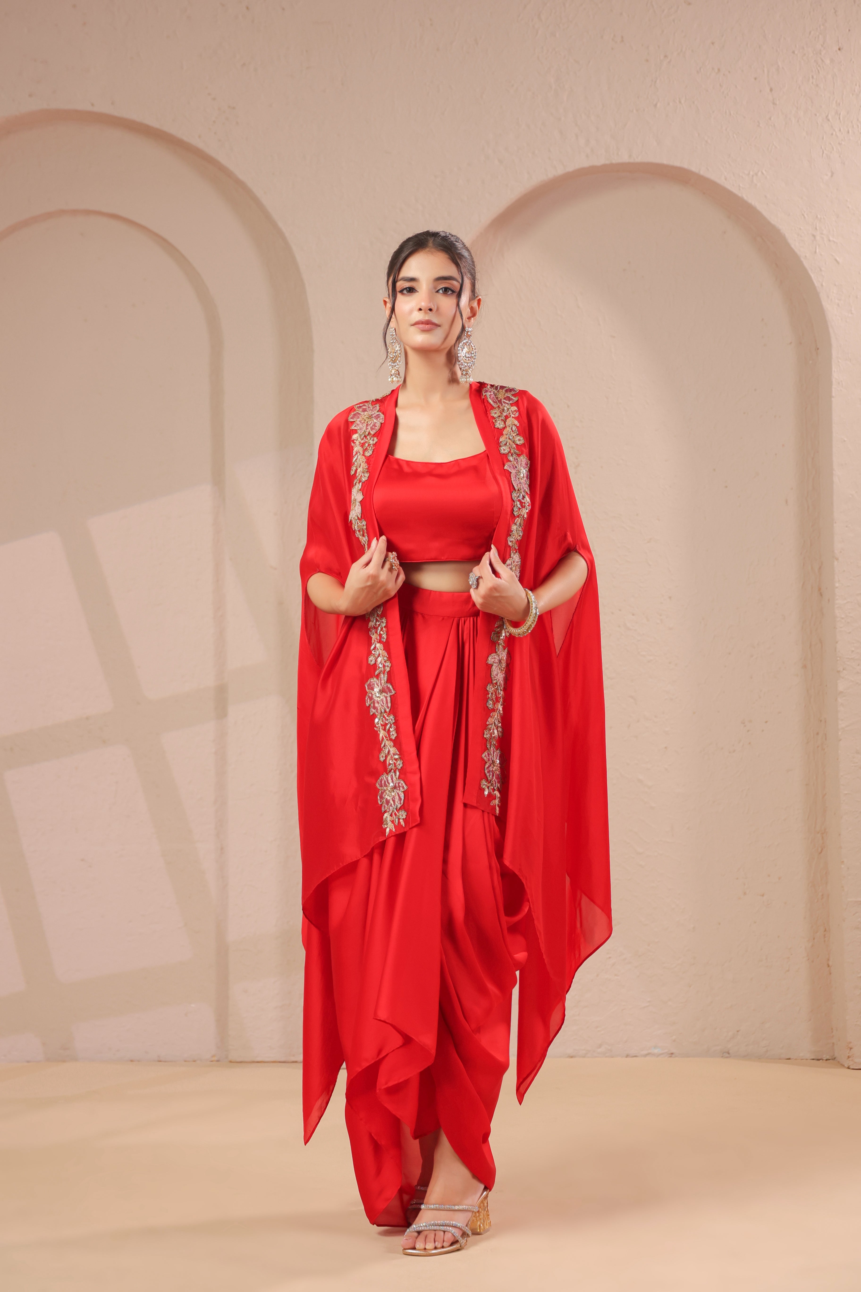 Red Garnet Embellished Modal Satin Silk Skirt Set