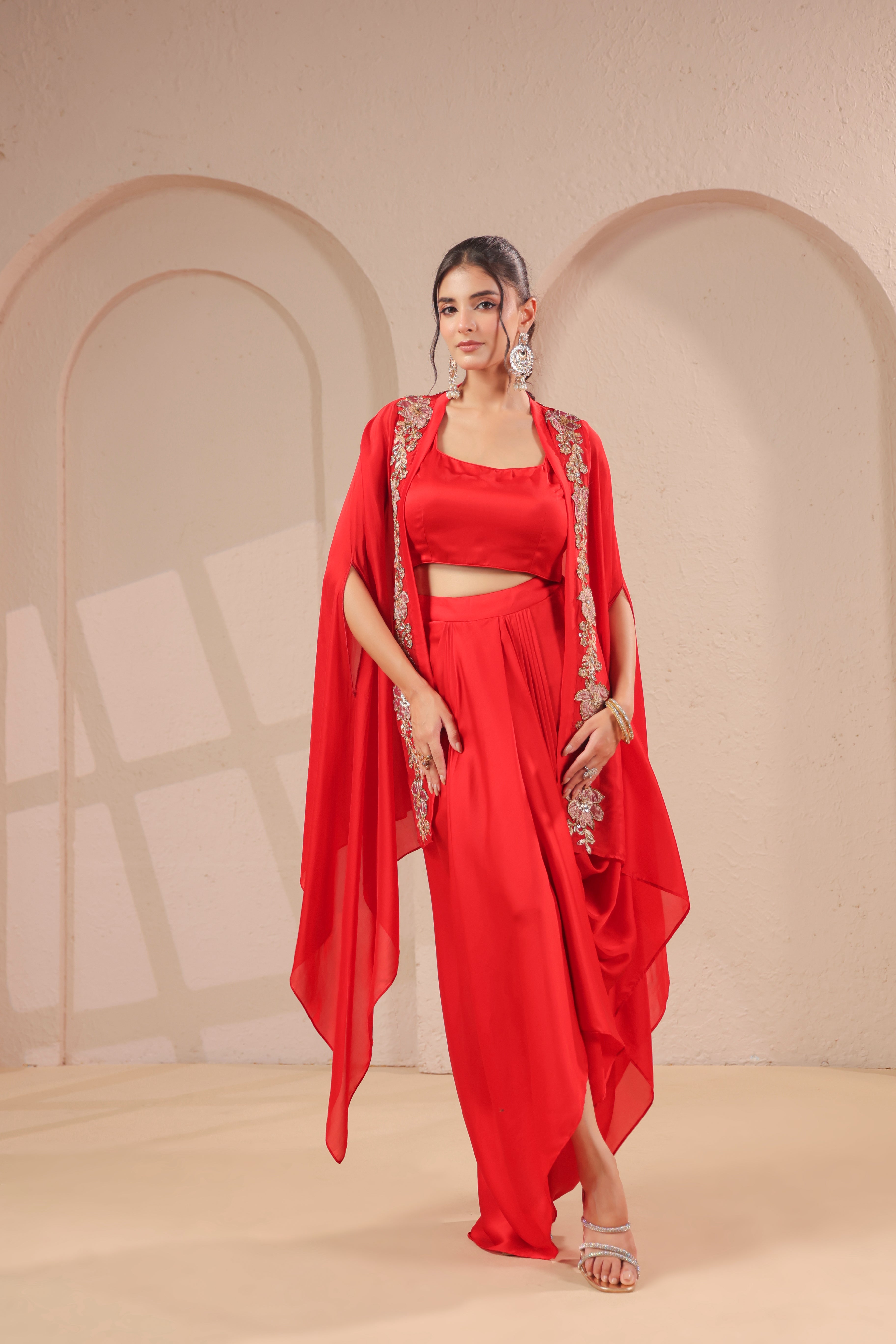Red Garnet Embellished Modal Satin Silk Skirt Set