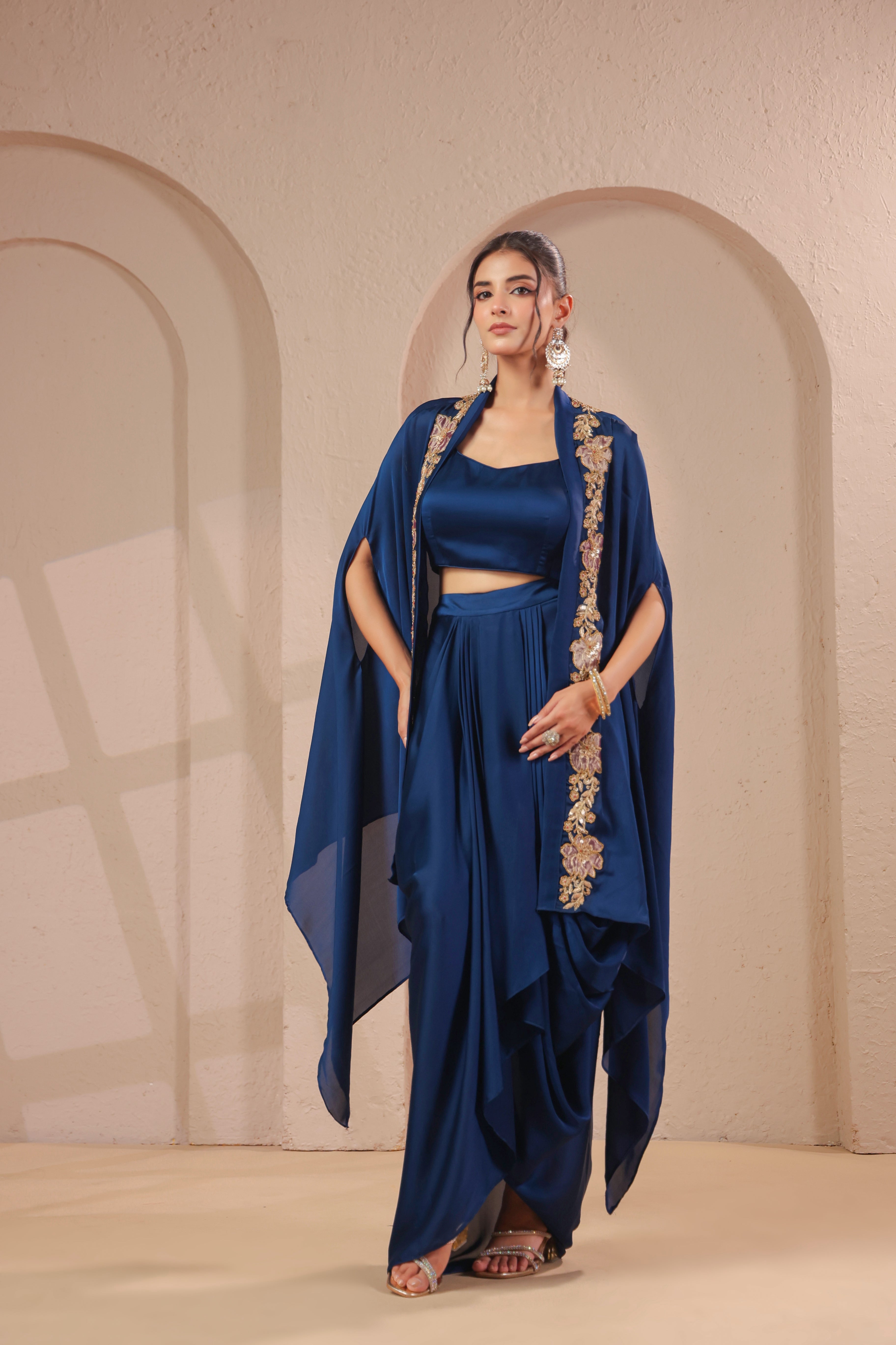 Sapphire Blue Embellished Modal Satin Silk Skirt Set