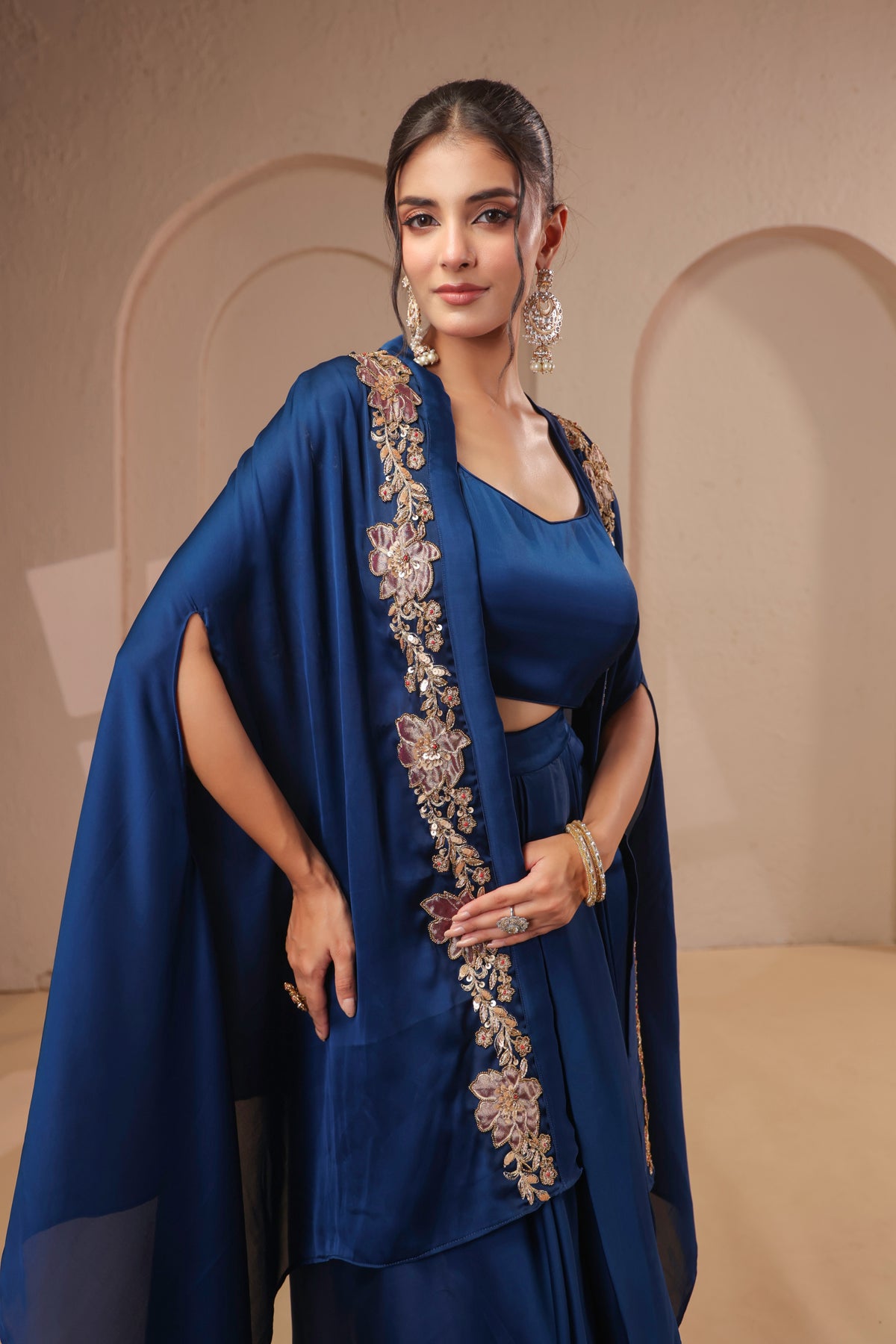 Sapphire Blue Embellished Modal Satin Silk Skirt Set
