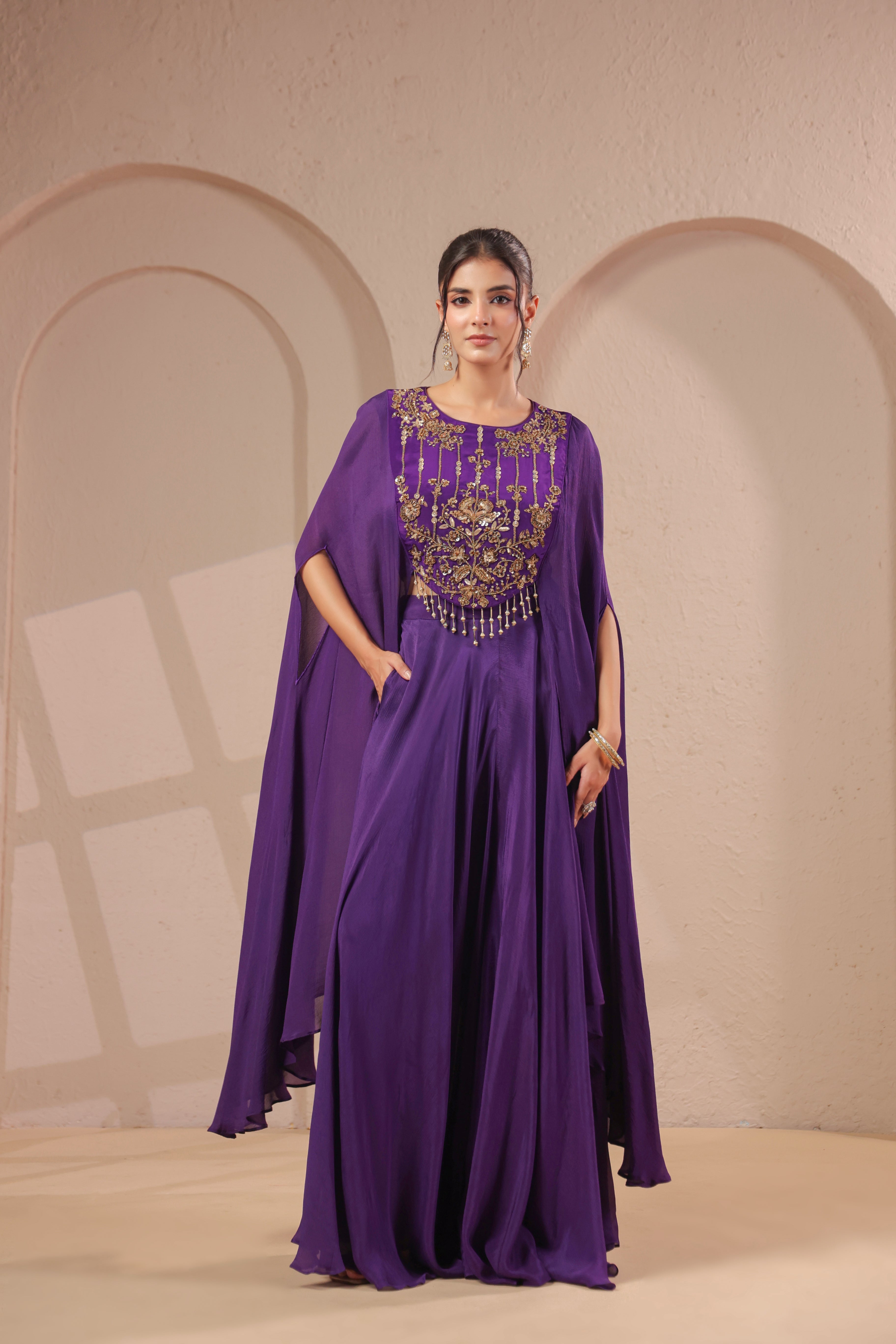 Bright Violet Embellished Chinon Silk Palazzo Set