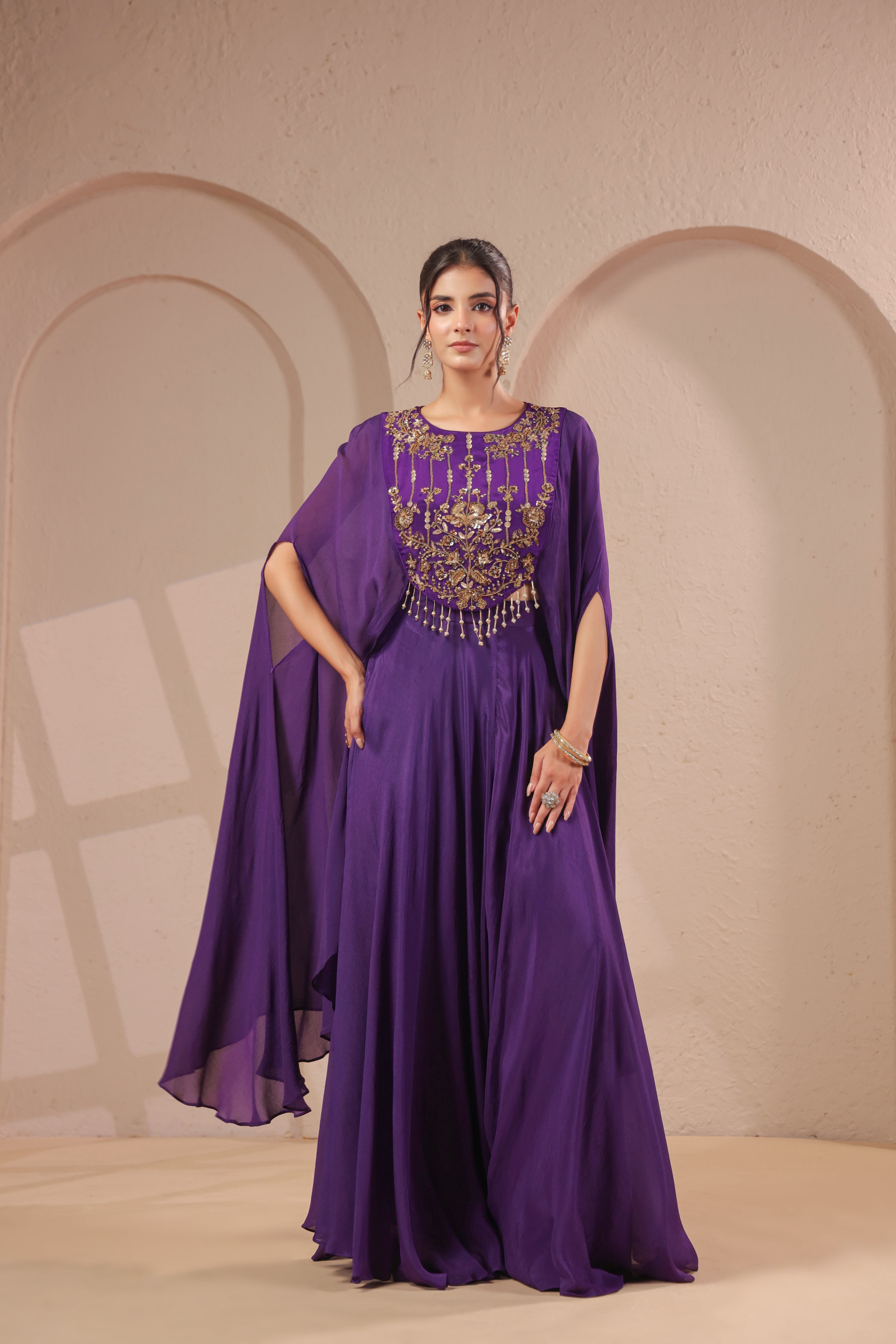 Bright Violet Embellished Chinon Silk Palazzo Set