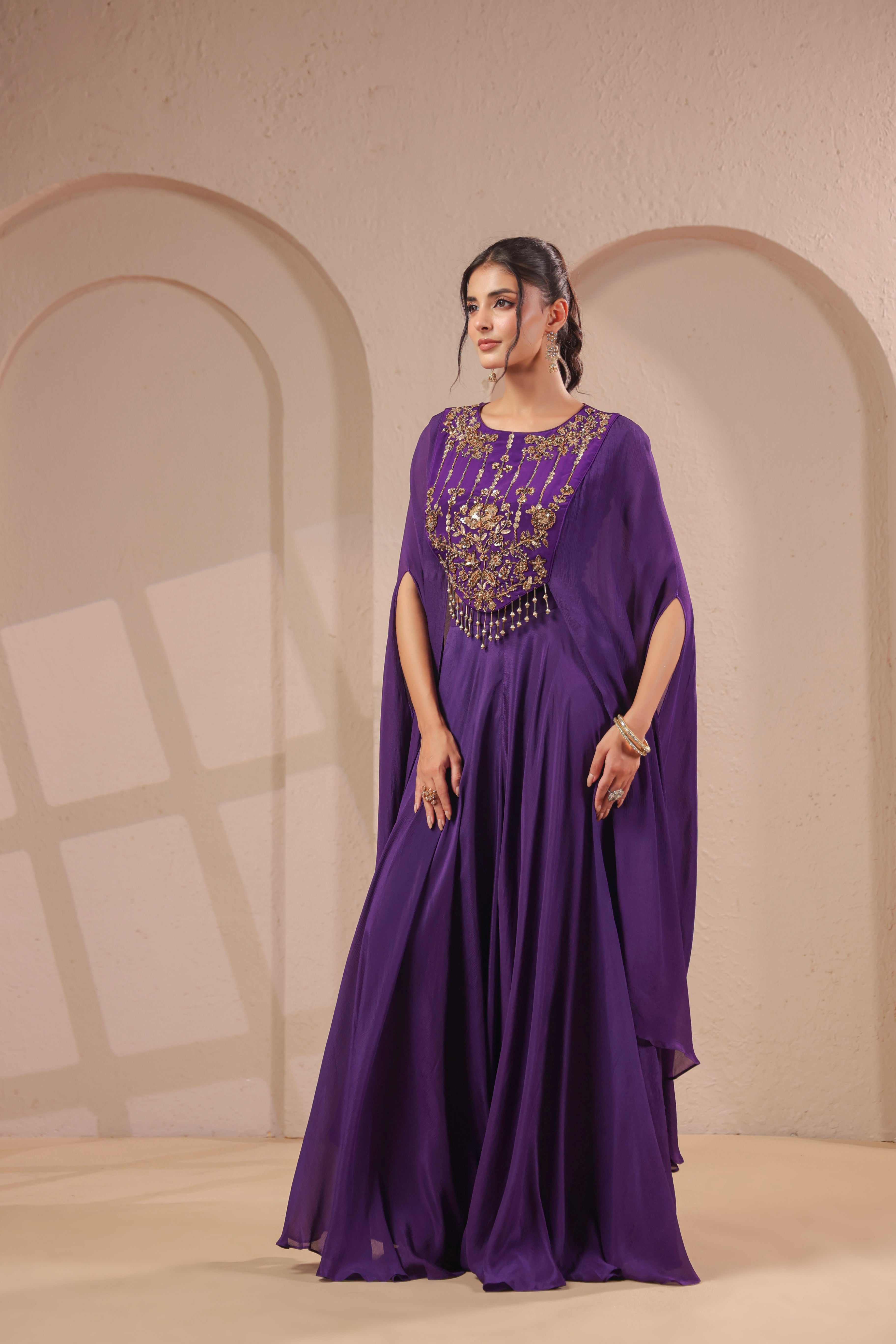 Bright Violet Embellished Chinon Silk Palazzo Set