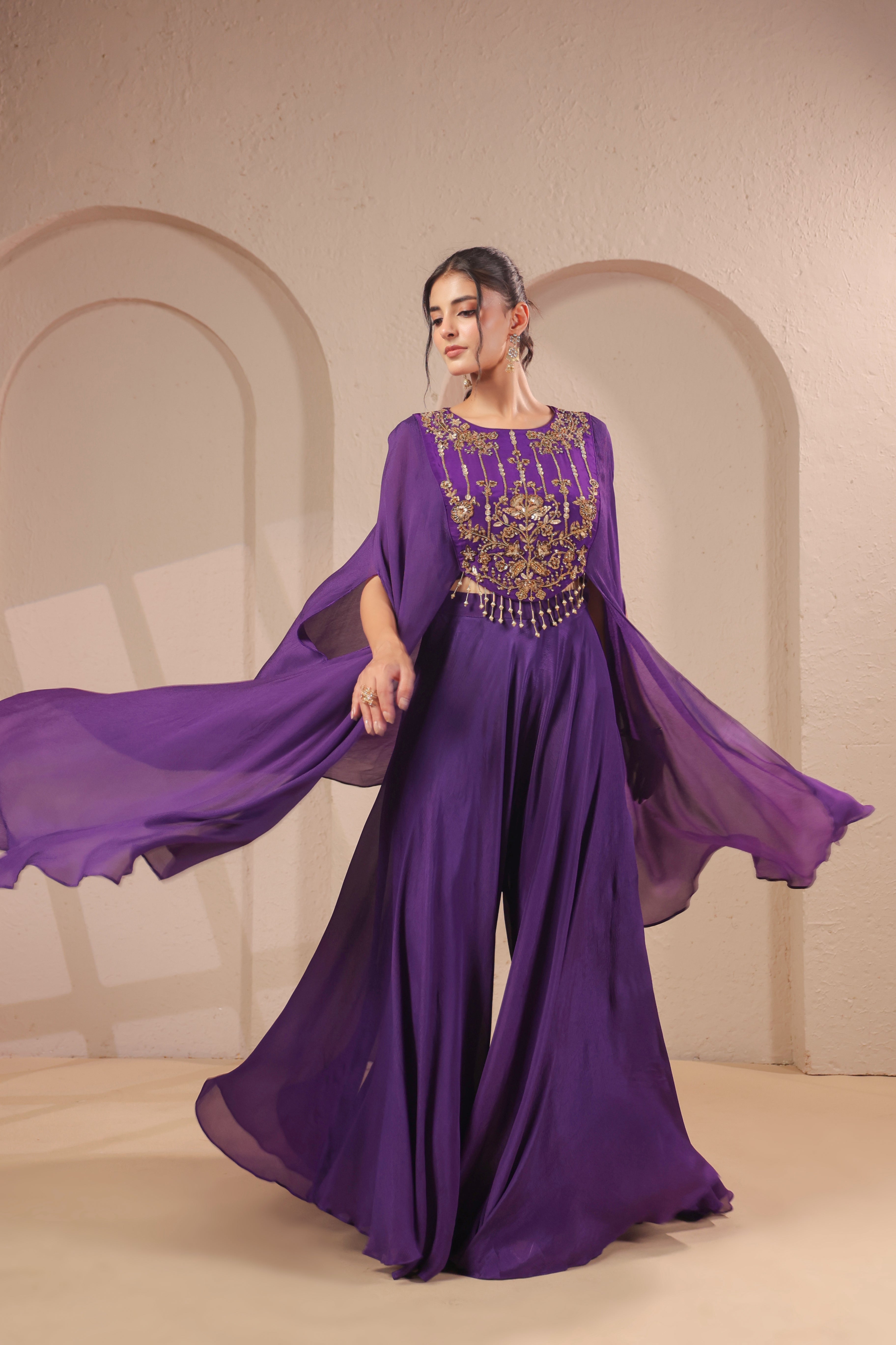 Bright Violet Embellished Chinon Silk Palazzo Set