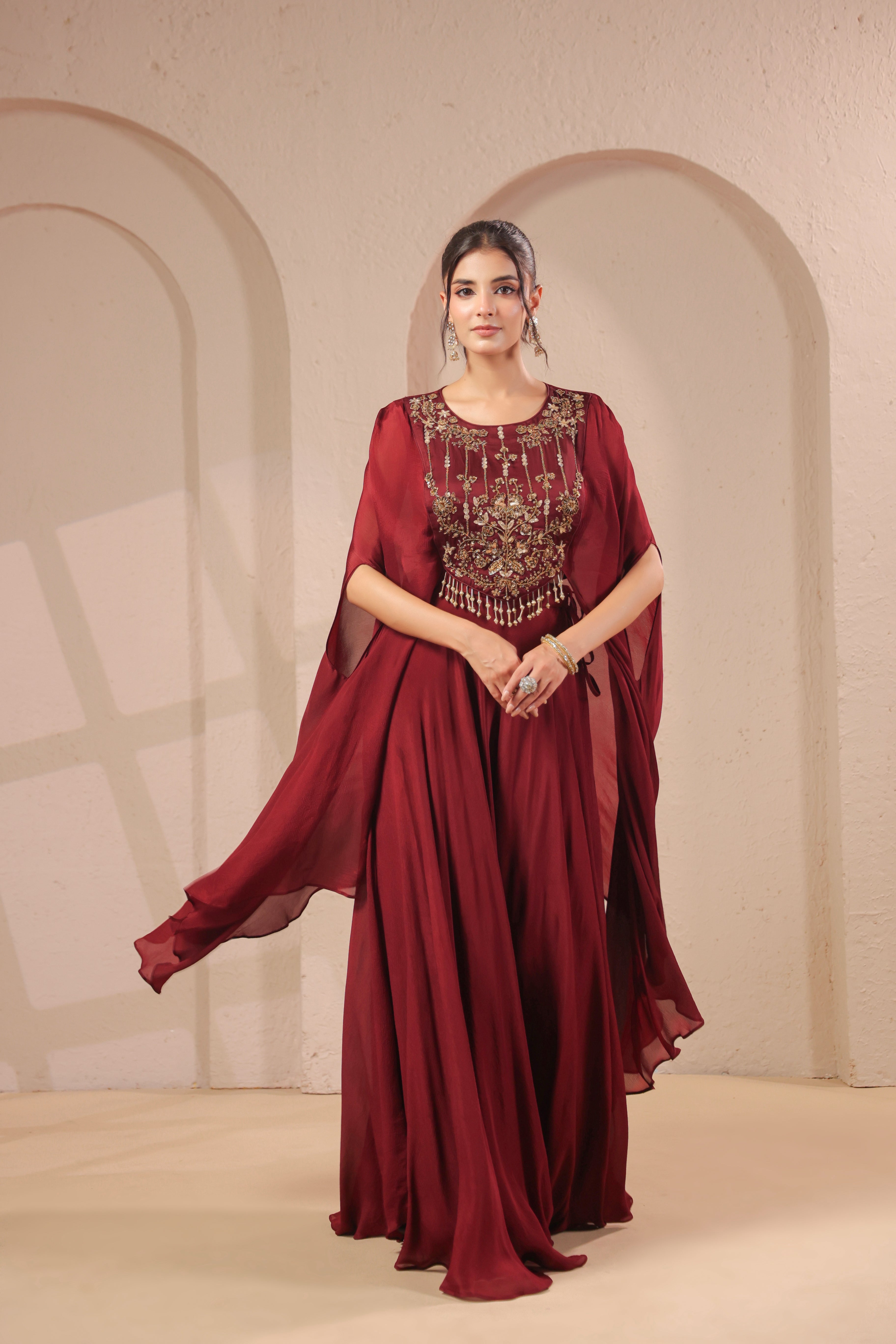 Deep Maroon Embellished Chinon Silk Palazzo Set