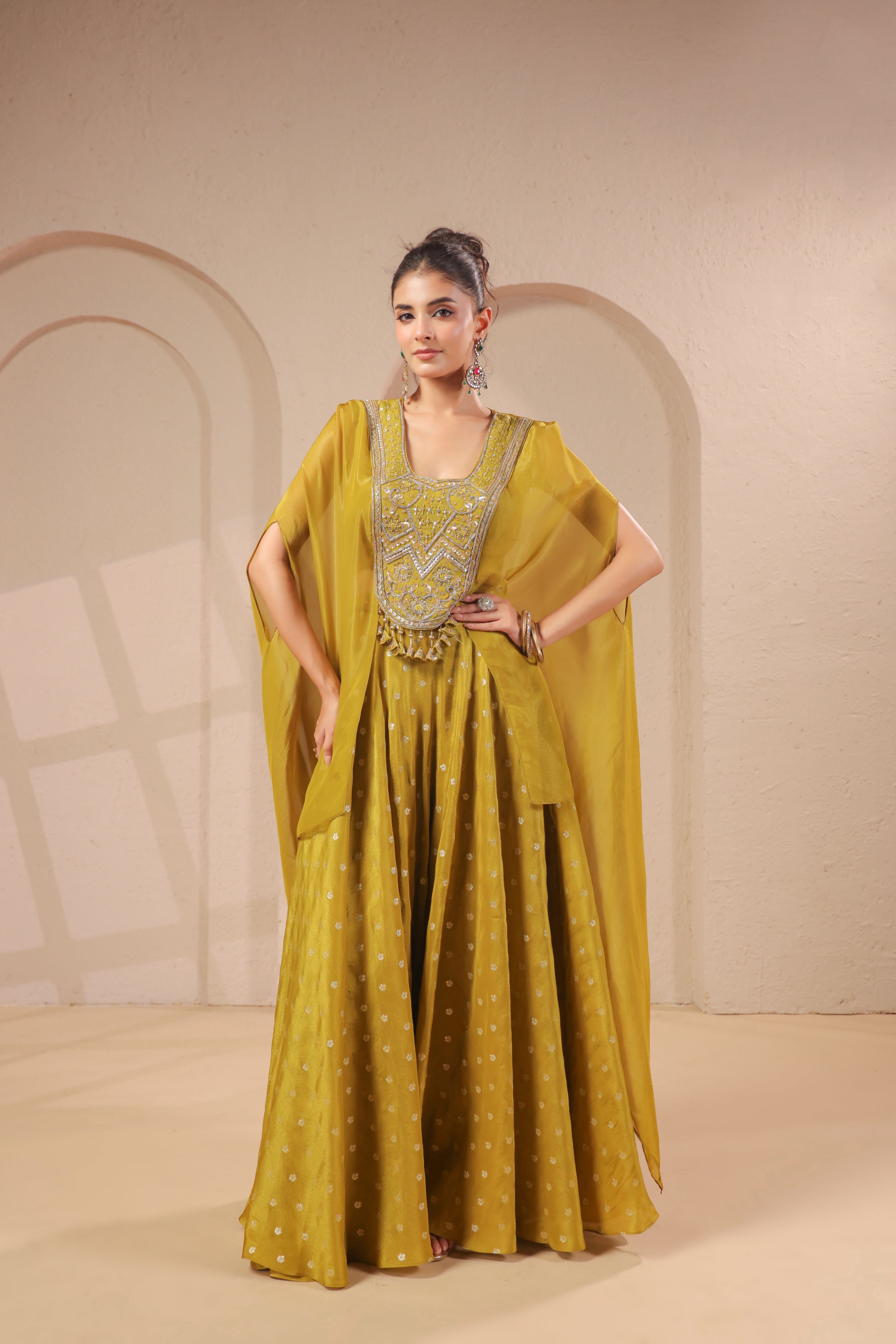Mustard Olive Embellished Shimmer Organza Palazzo Set
