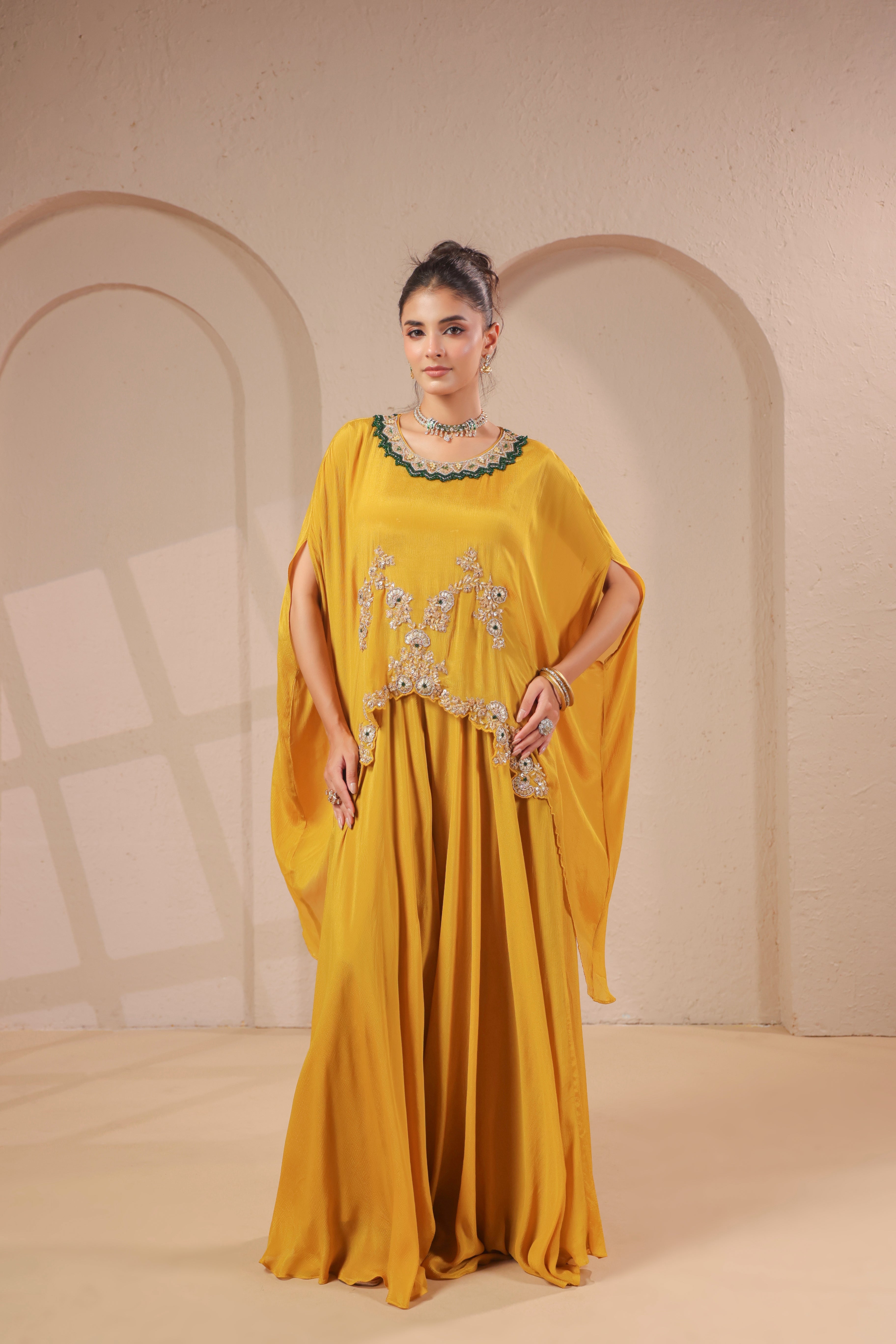 Lime Citrus Embellished Crepe Silk Skirt Set