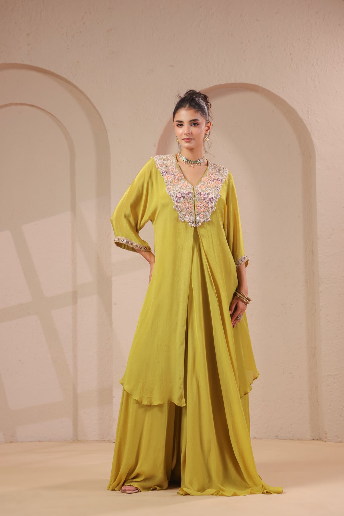 Green Olive Embellished Chinon Silk Palazzo Set