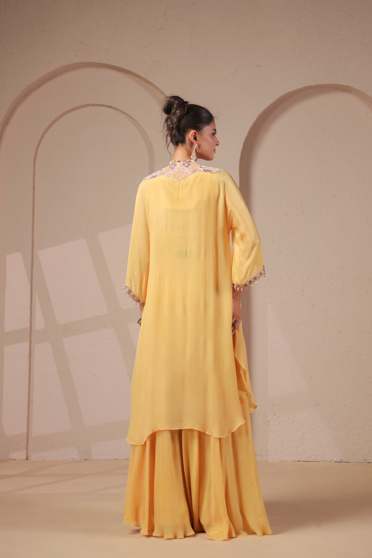 Pastel Yellow Embellished Chinon Silk Palazzo Set