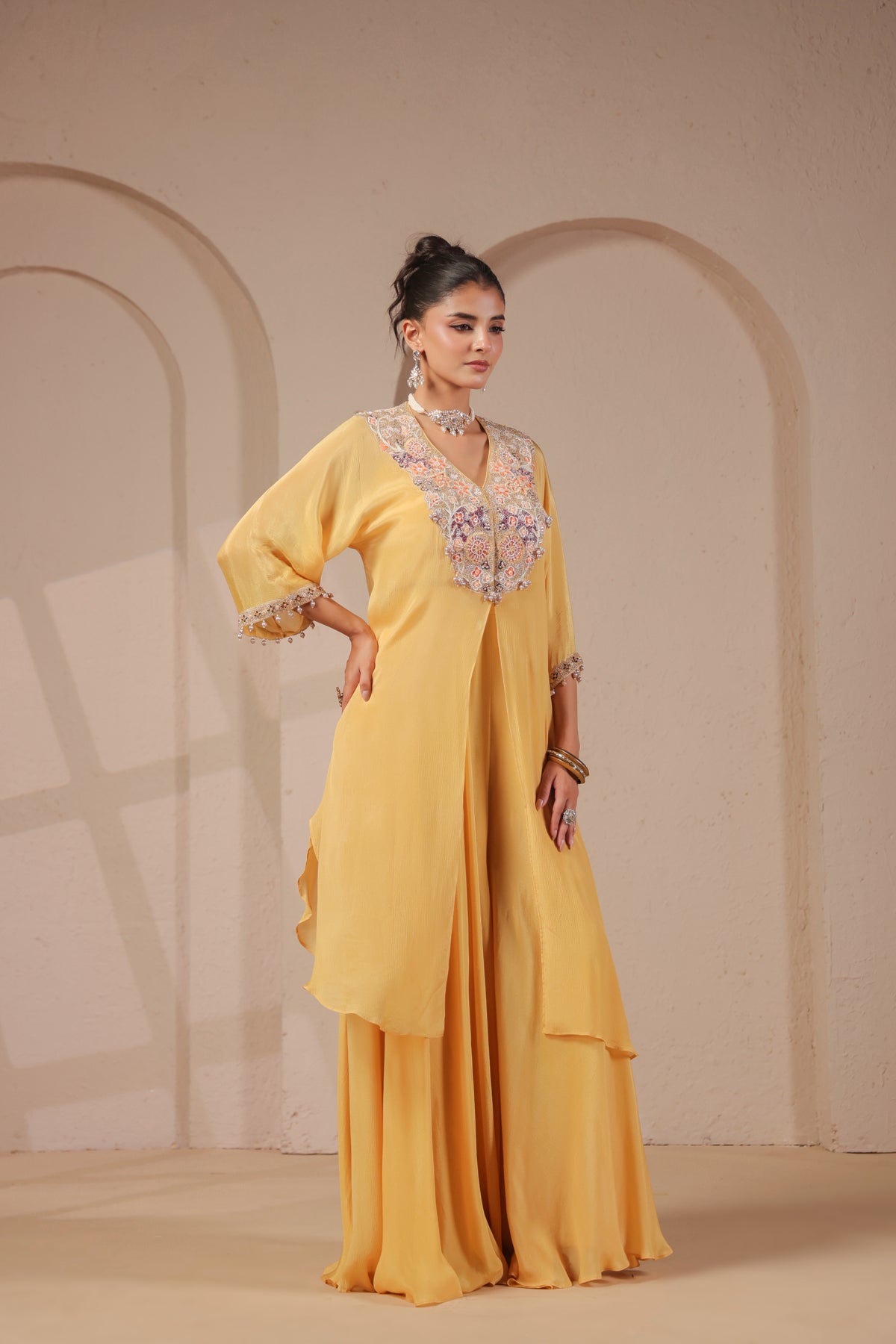 Pastel Yellow Embellished Chinon Silk Palazzo Set
