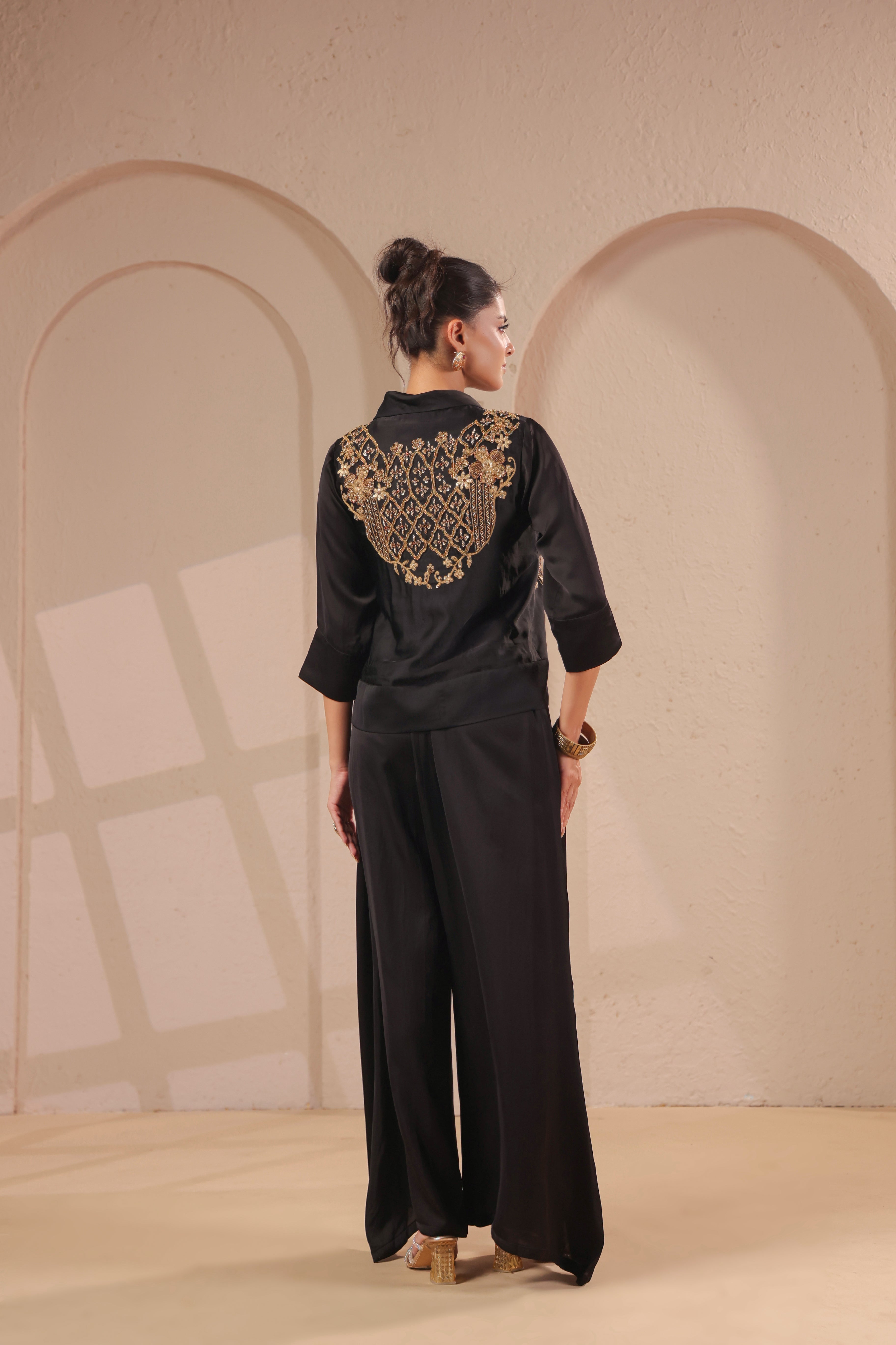 Ebony Black Embellished Modal Silk Palazzo Set