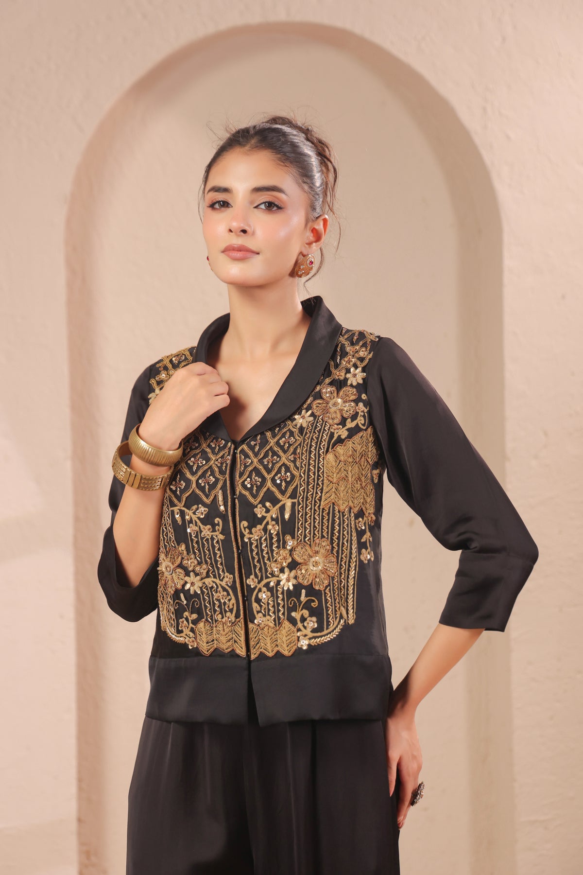 Ebony Black Embellished Modal Silk Palazzo Set