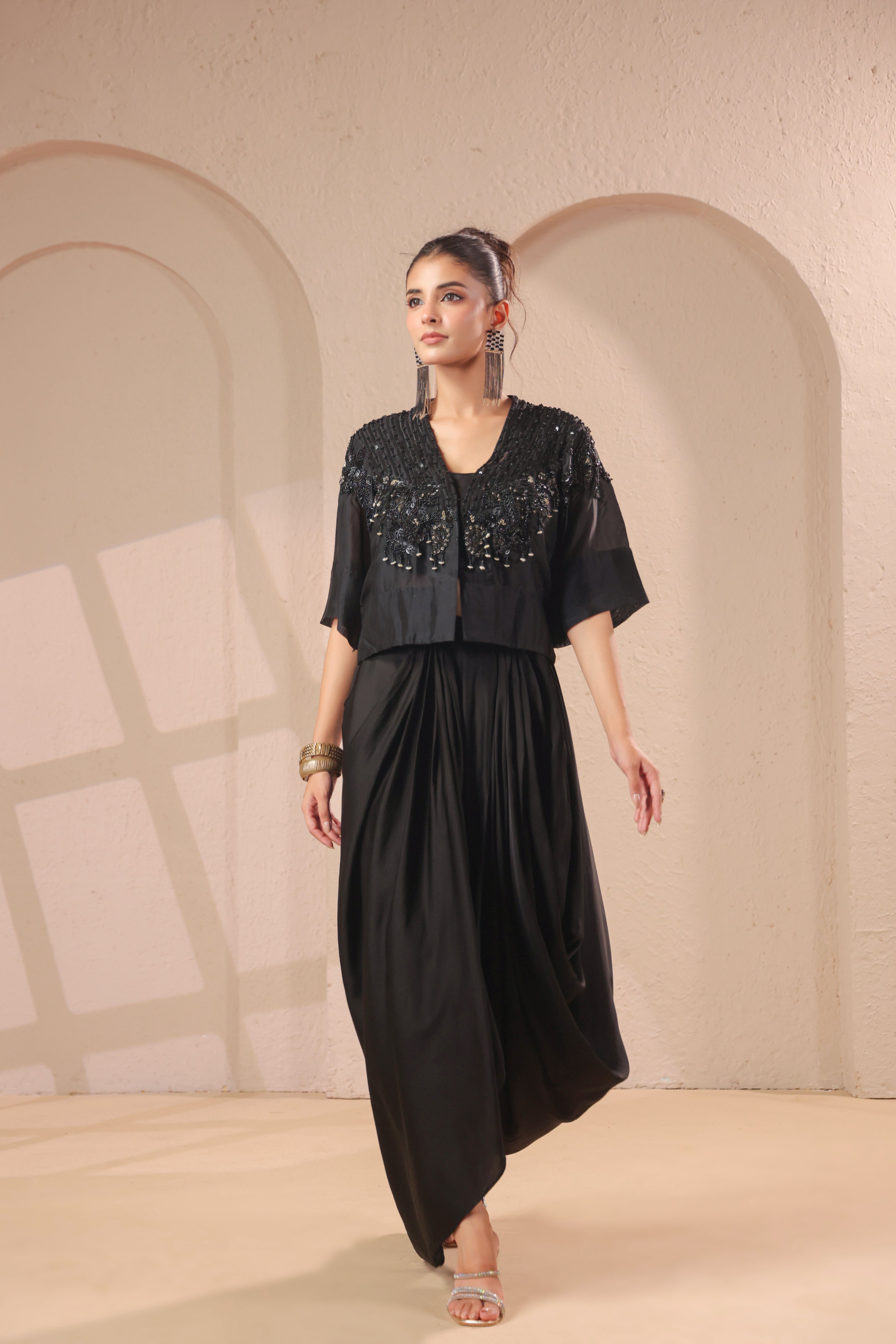 Midnight Black Embellished Modal Silk SkirtSet