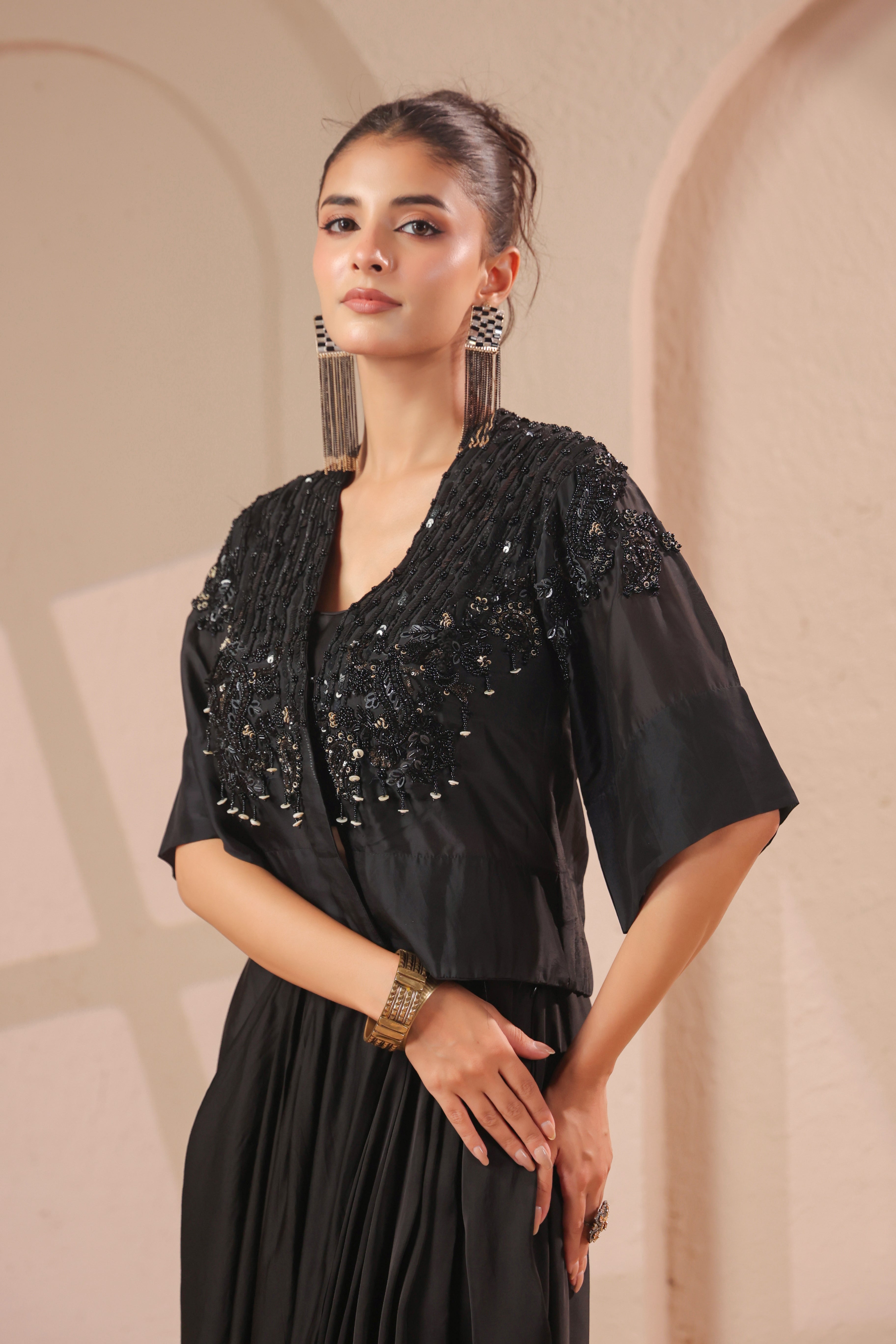 Midnight Black Embellished Modal Silk SkirtSet