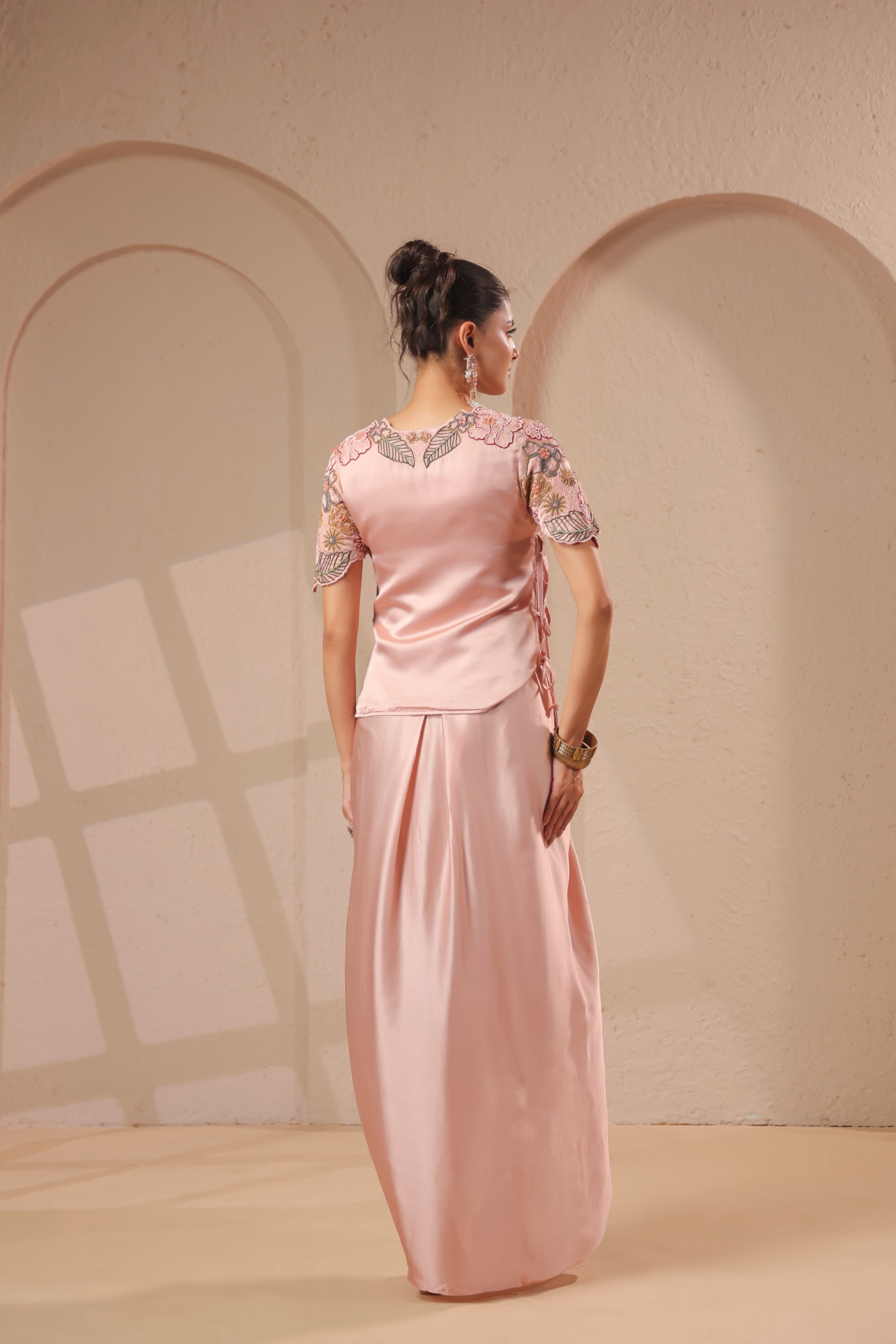 Rose Gold Embellished Modal Satin Silk Skirt Set