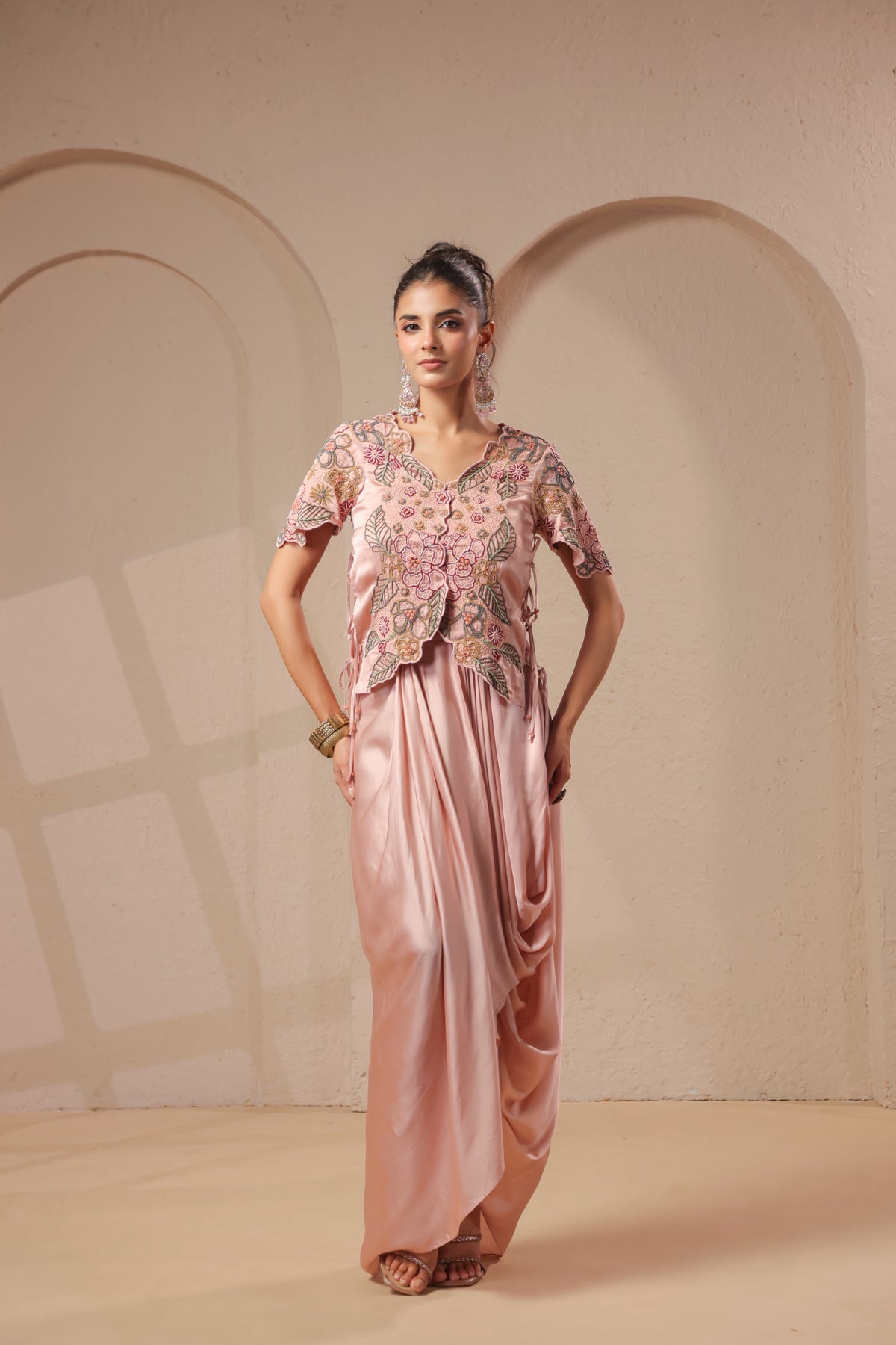 Rose Gold Embellished Modal Satin Silk Skirt Set