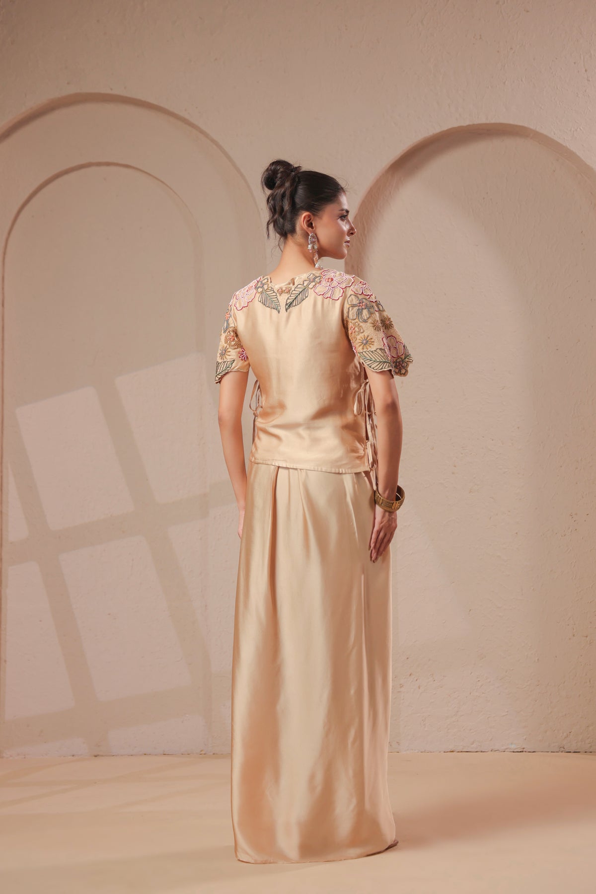 Gold Beige Embellished Modal Satin Silk Skirt Set