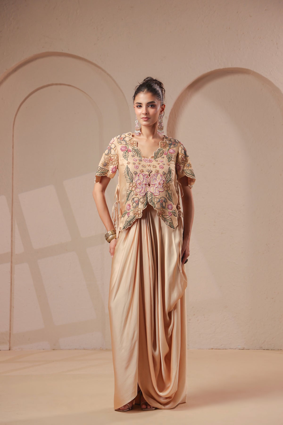 Gold Beige Embellished Modal Satin Silk Skirt Set