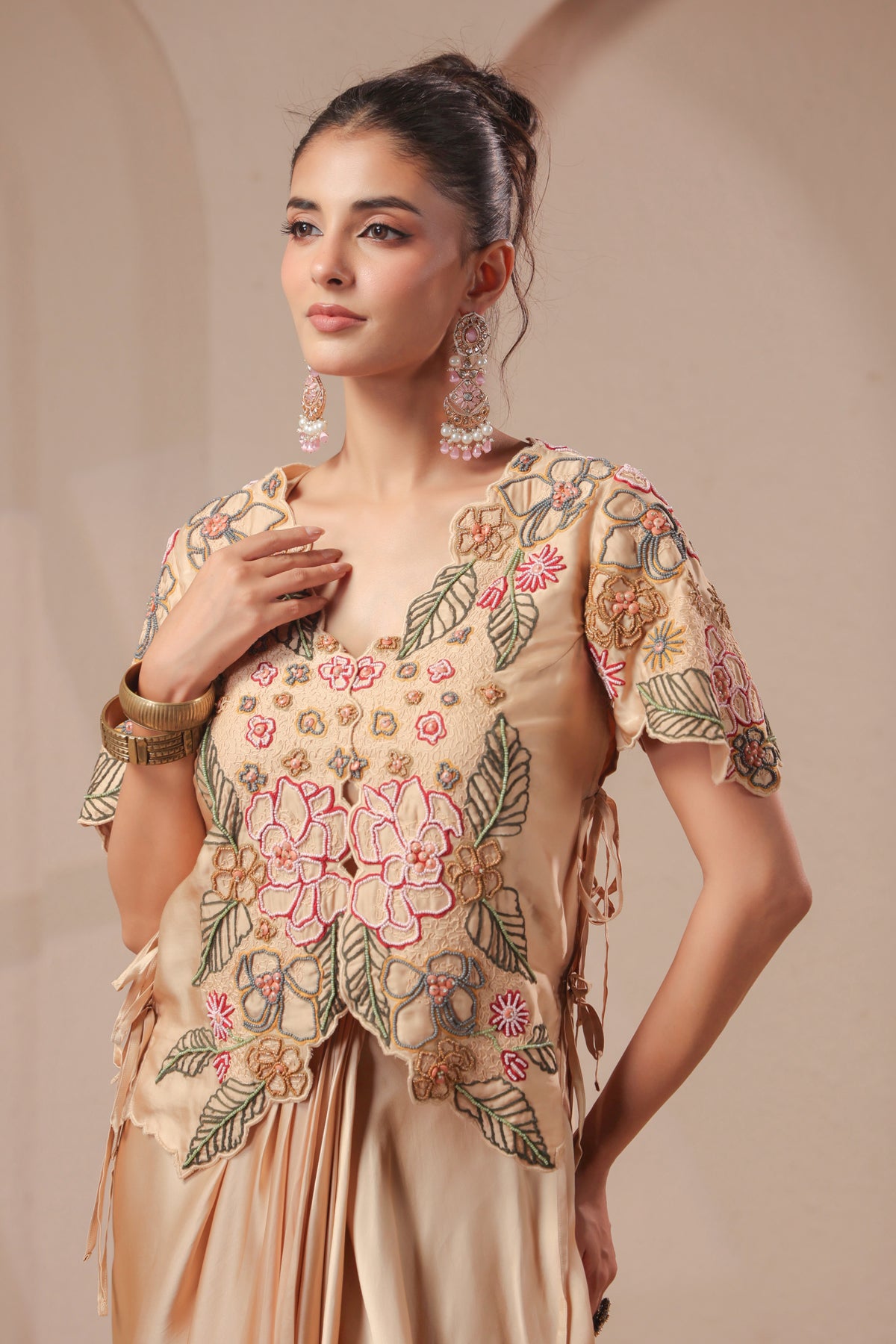 Gold Beige Embellished Modal Satin Silk Skirt Set