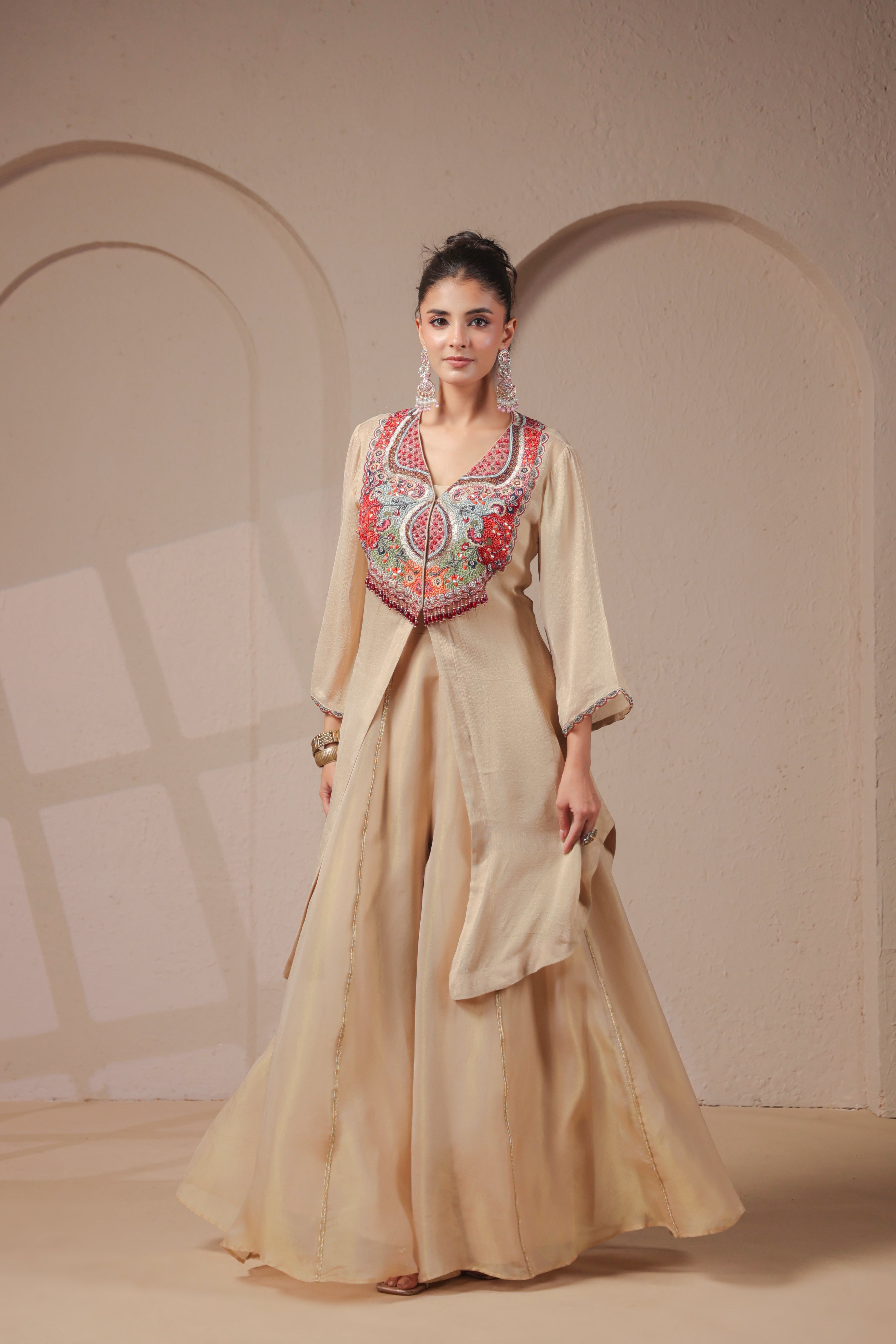 Gold Beige Embellished Shimmer Organza Silk Palazzo Set
