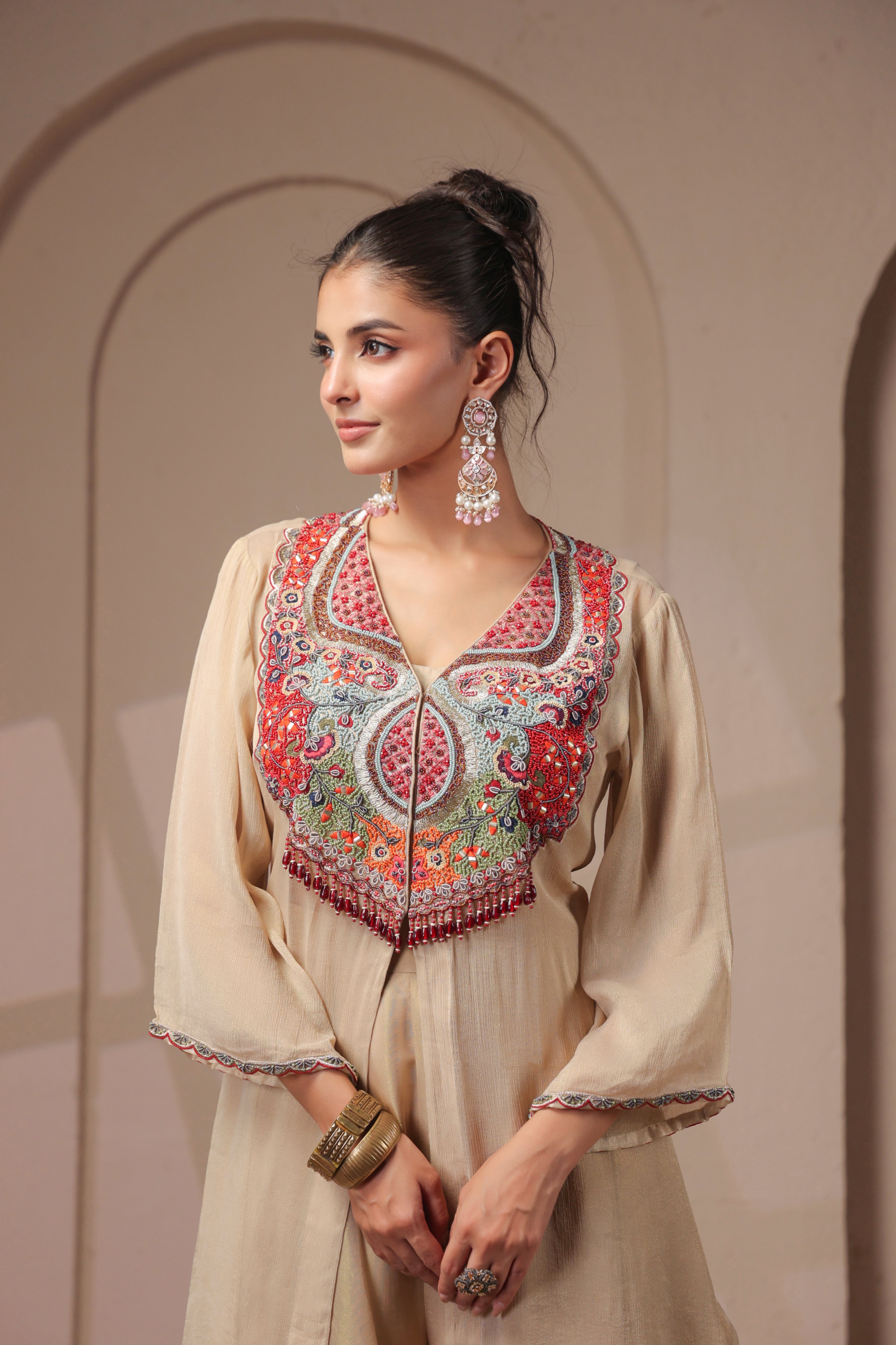 Gold Beige Embellished Shimmer Organza Silk Palazzo Set