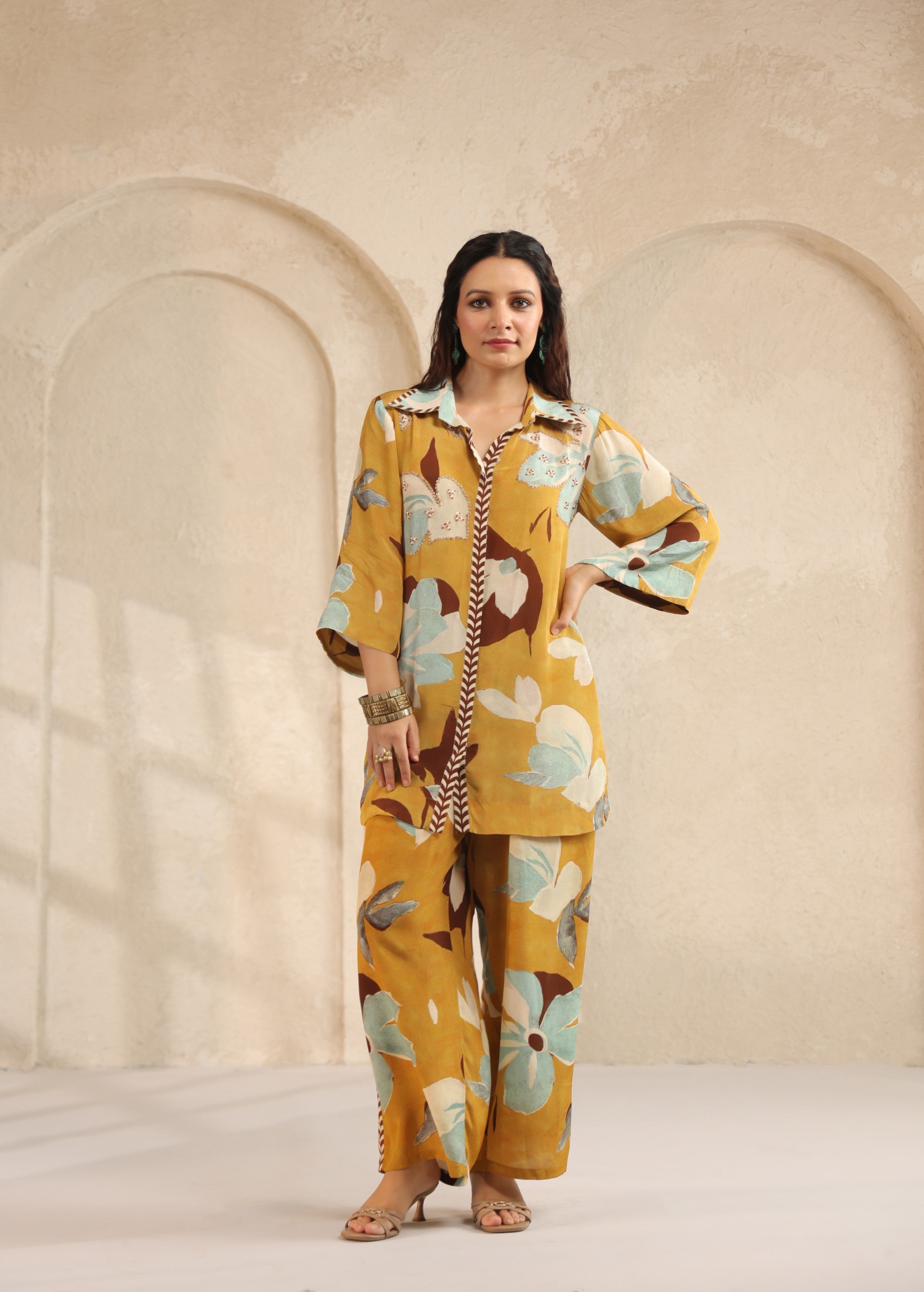 Mustard Yellow Floral Printed Viscose Crepe Co-Ord Set