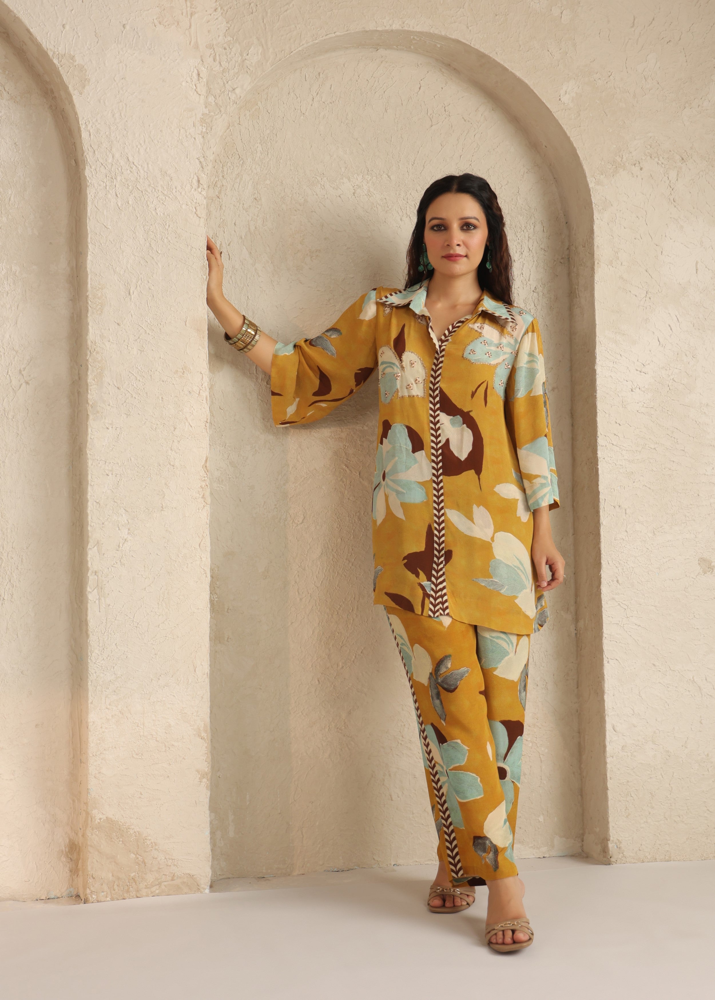 Mustard Yellow Floral Printed Viscose Crepe Co-Ord Set