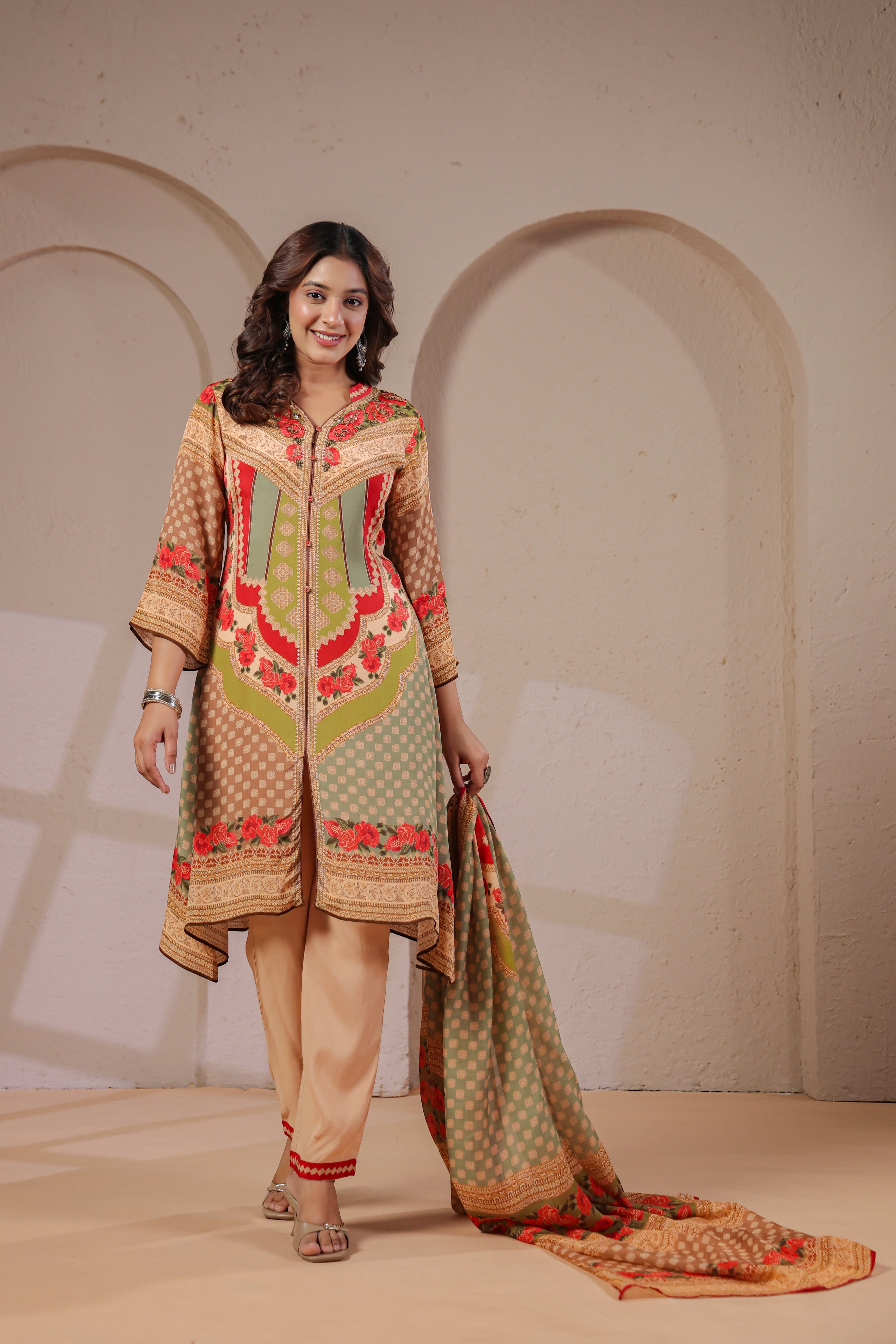 Sage Bloom Printed Crepe Silk Pant Set