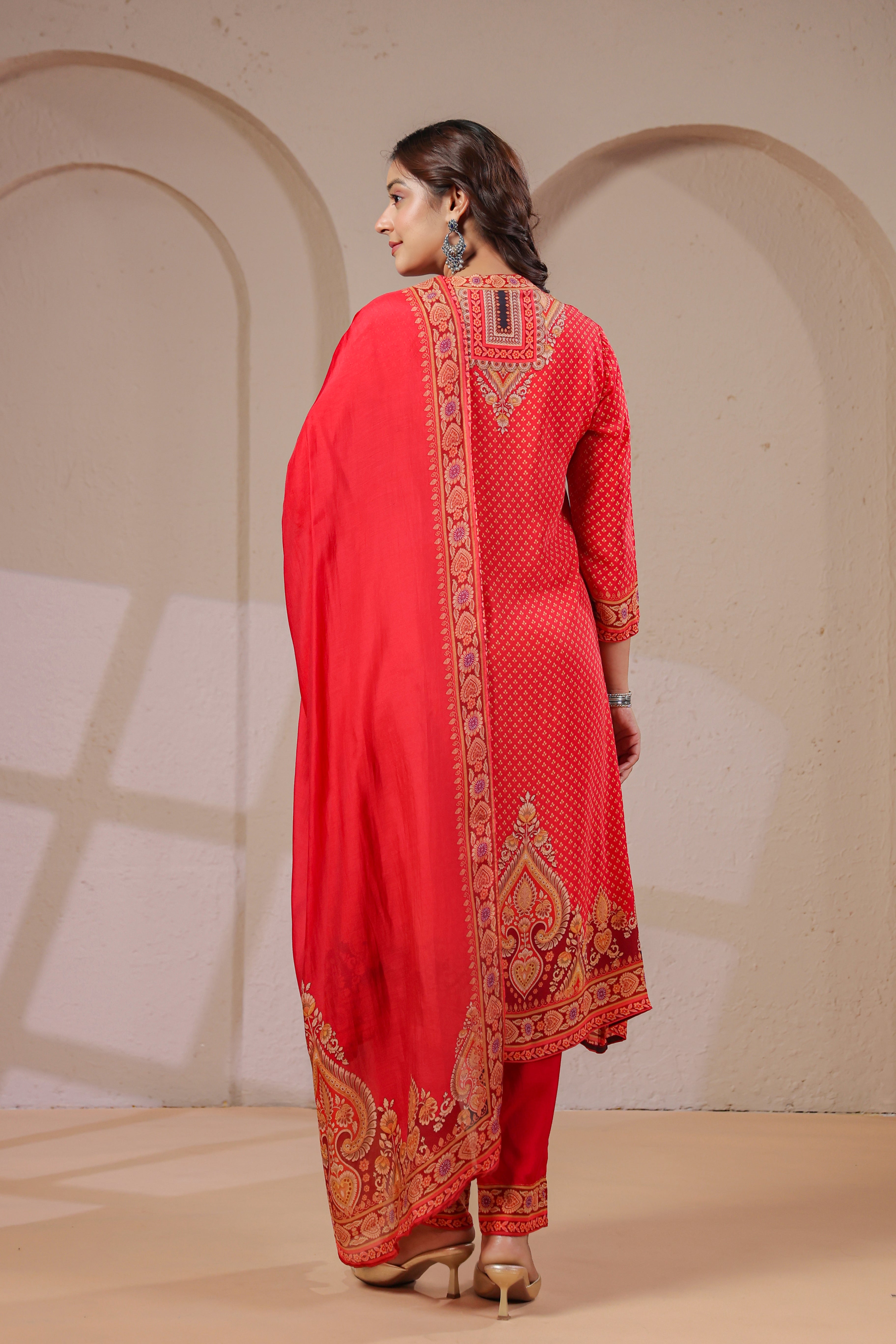 Coral Red Printed Crepe Silk Pant Set