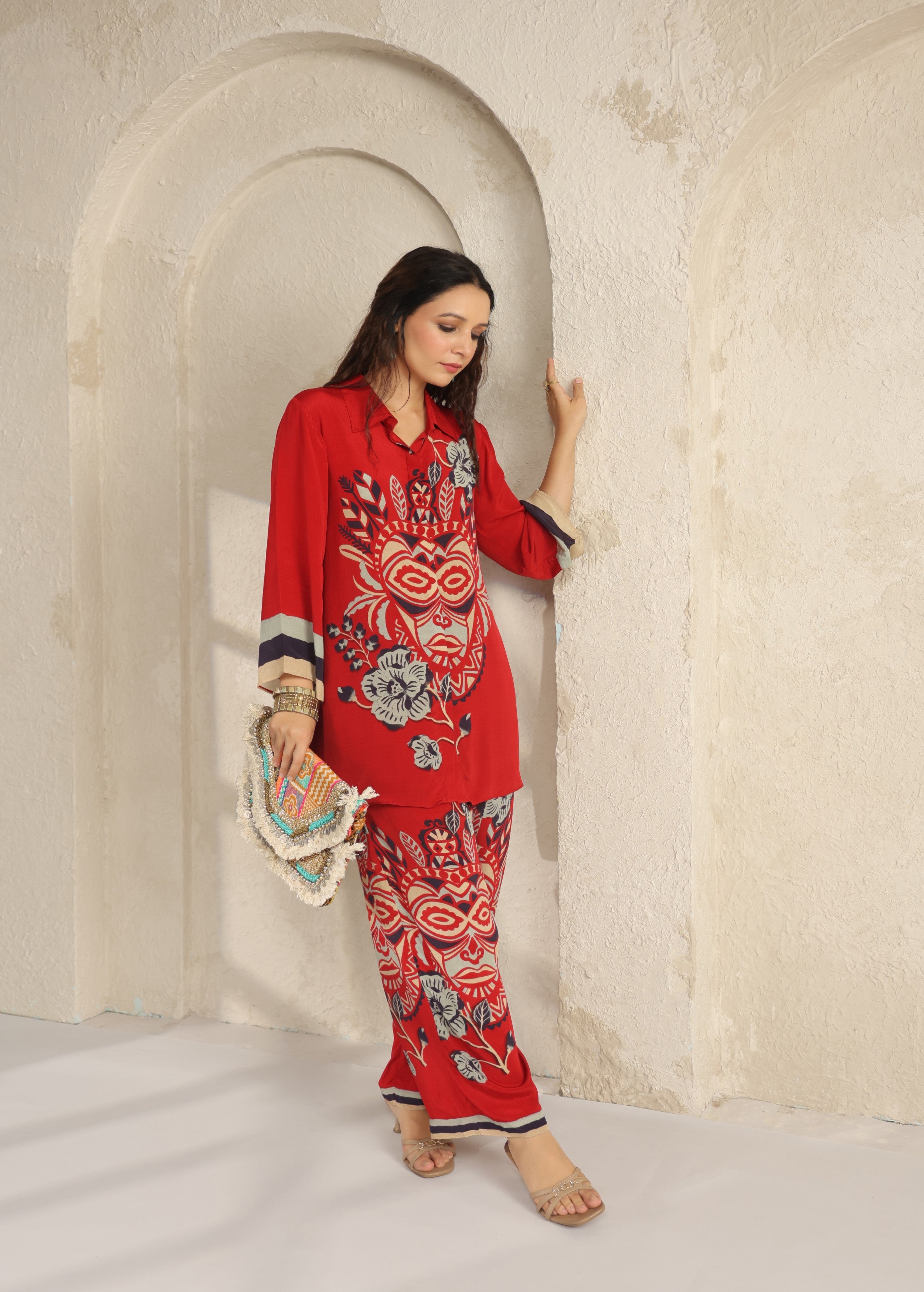 Scarlet Red Tribal Printed Viscose Crepe Co-Ord Set
