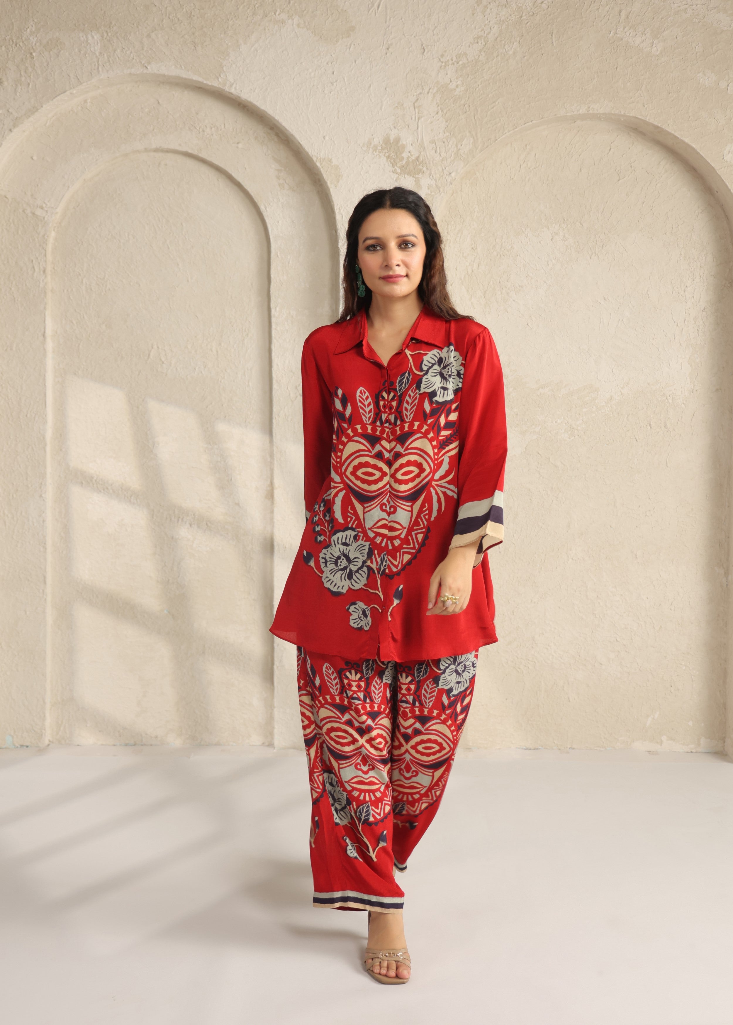 Scarlet Red Tribal Printed Viscose Crepe Co-Ord Set