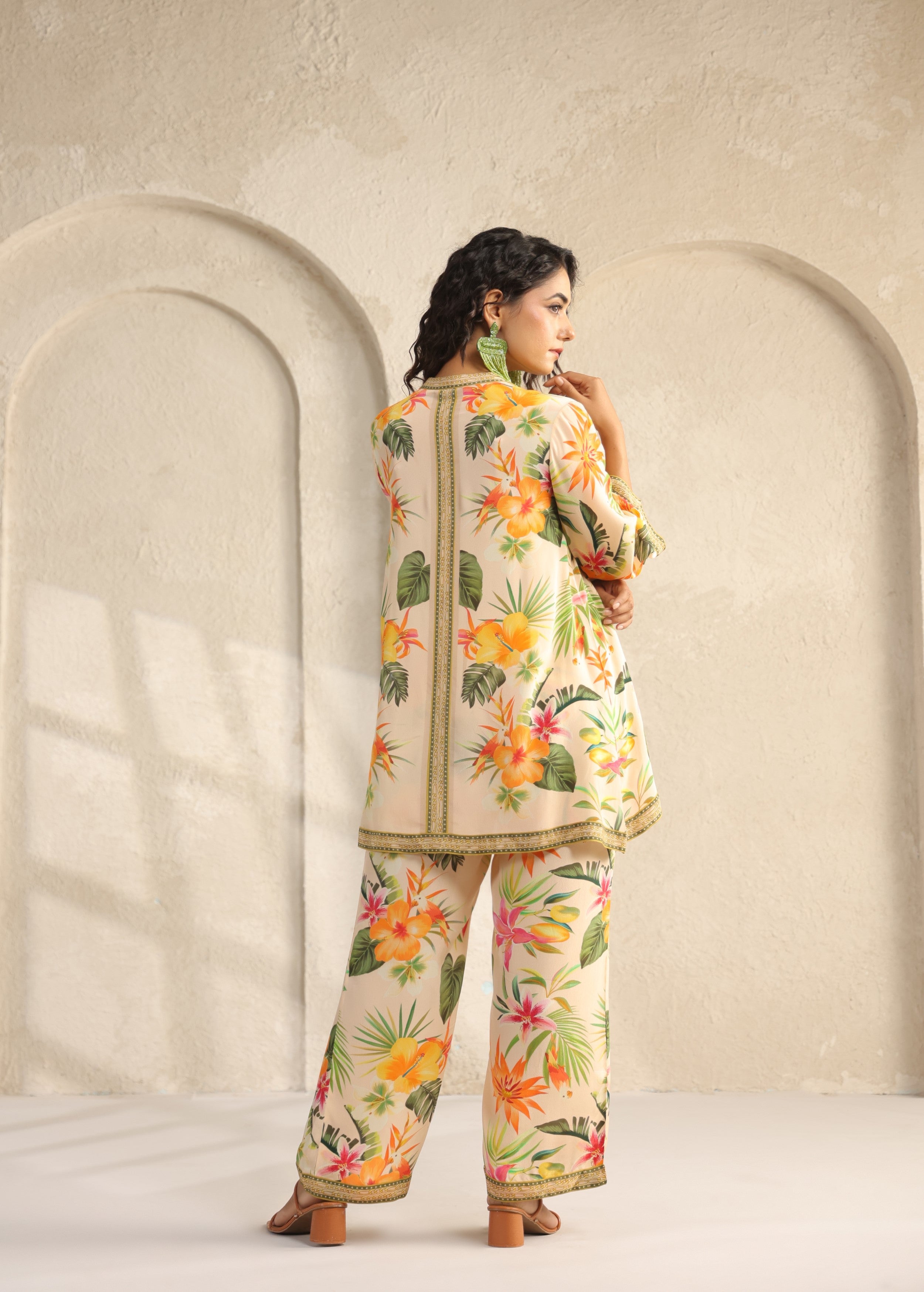Cream Tropical Printed Viscose Crepe Co-Ord Set