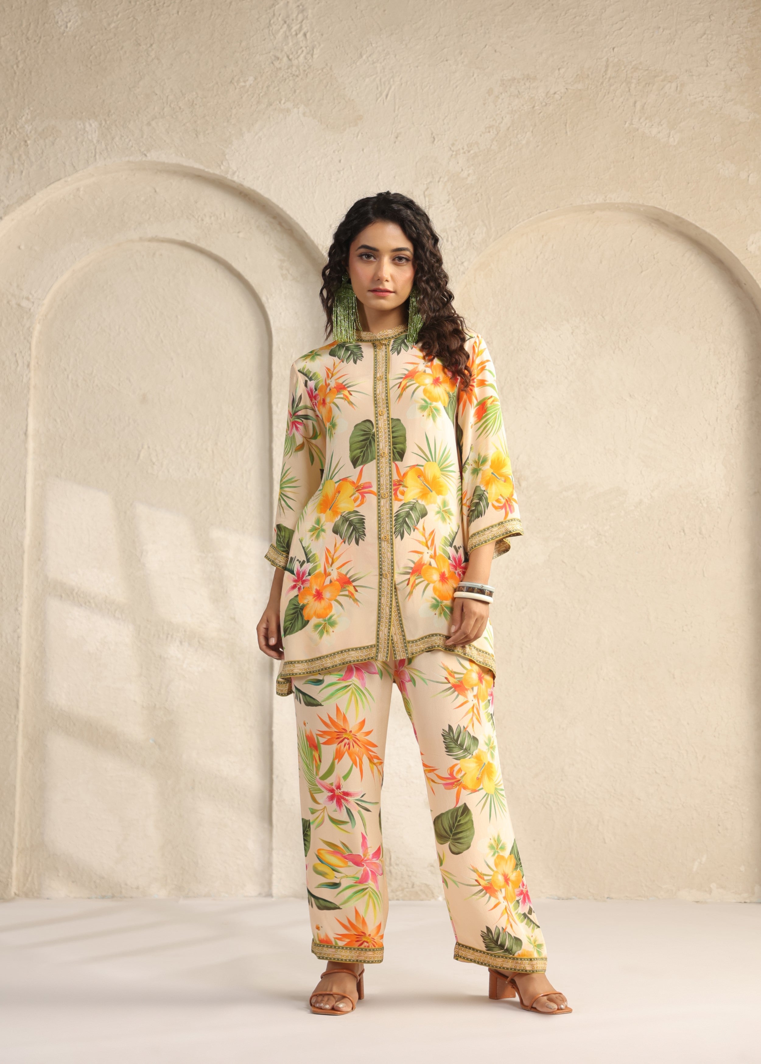 Cream Tropical Printed Viscose Crepe Co-Ord Set